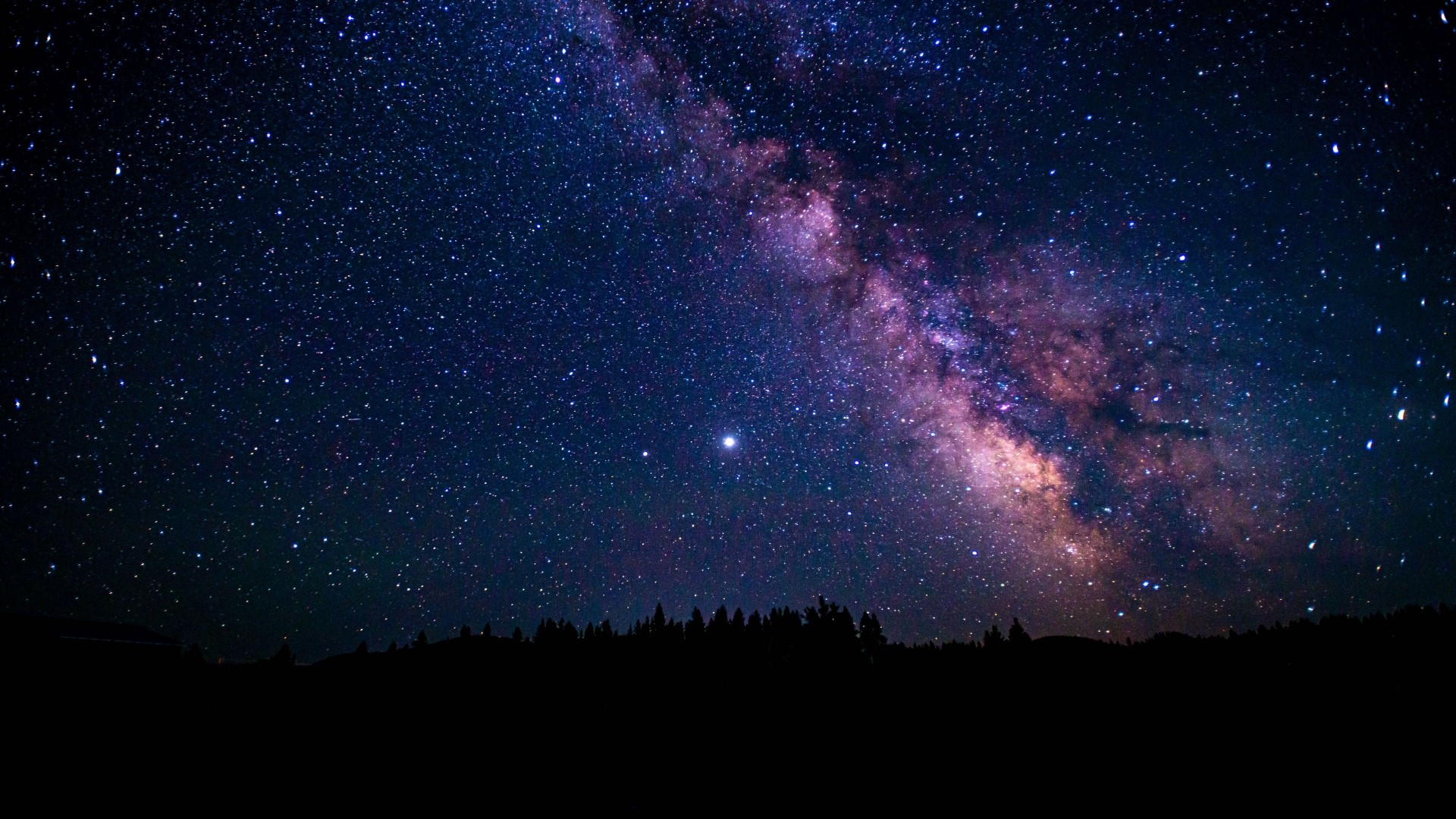 Milky Way galaxy over a silhouetted forest HD Wallpaper