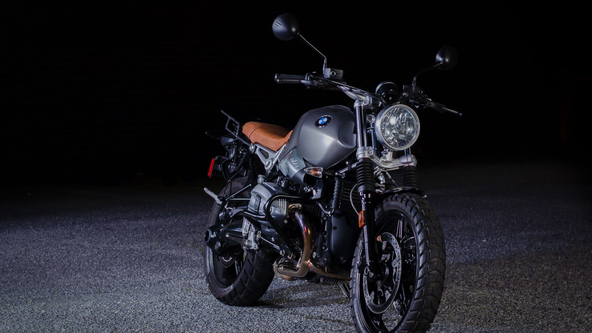 BMW R nineT motorcycle parked at night HD Wallpaper