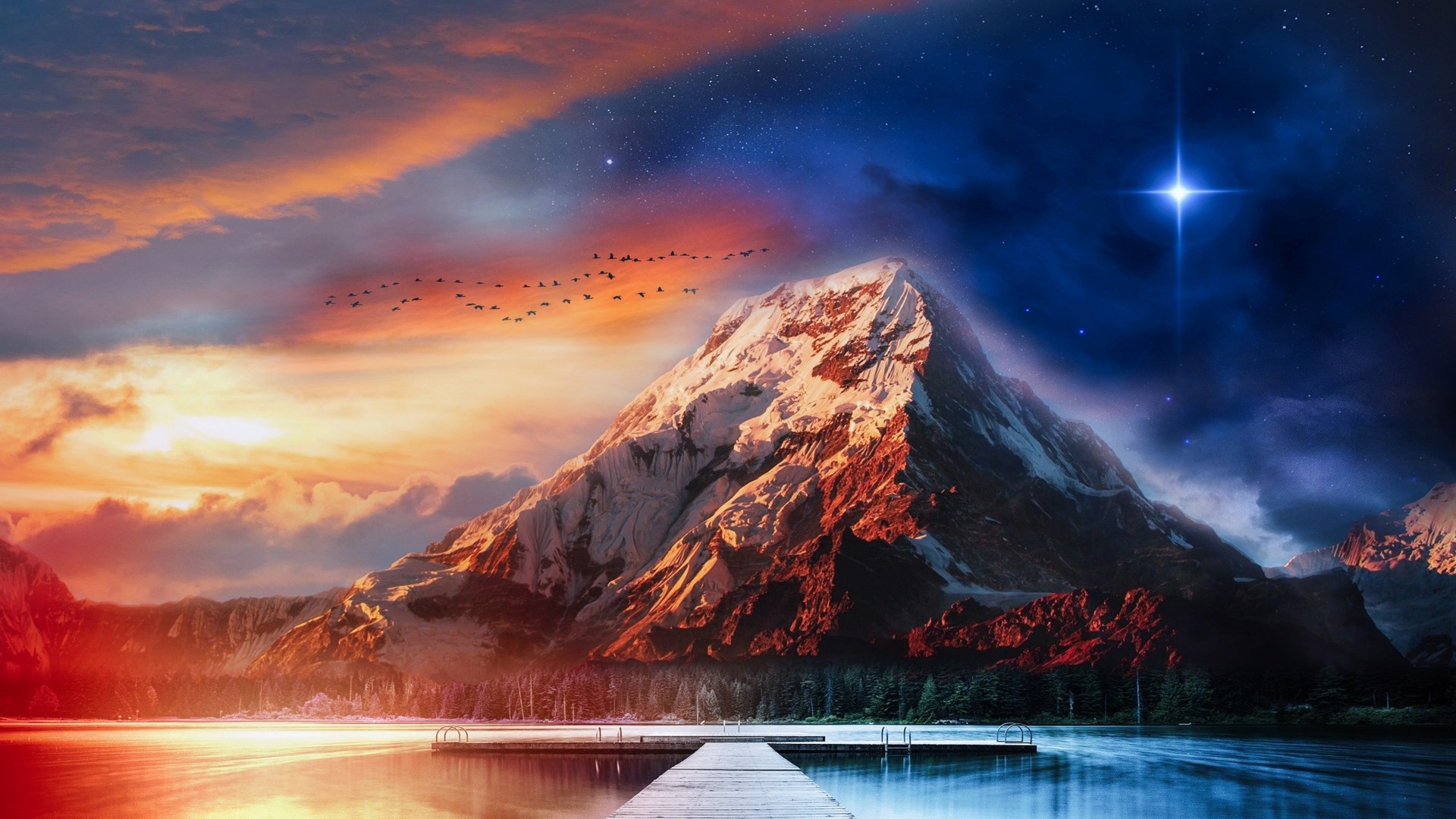 Mountain peak under starry sky with birds flying HD Wallpaper