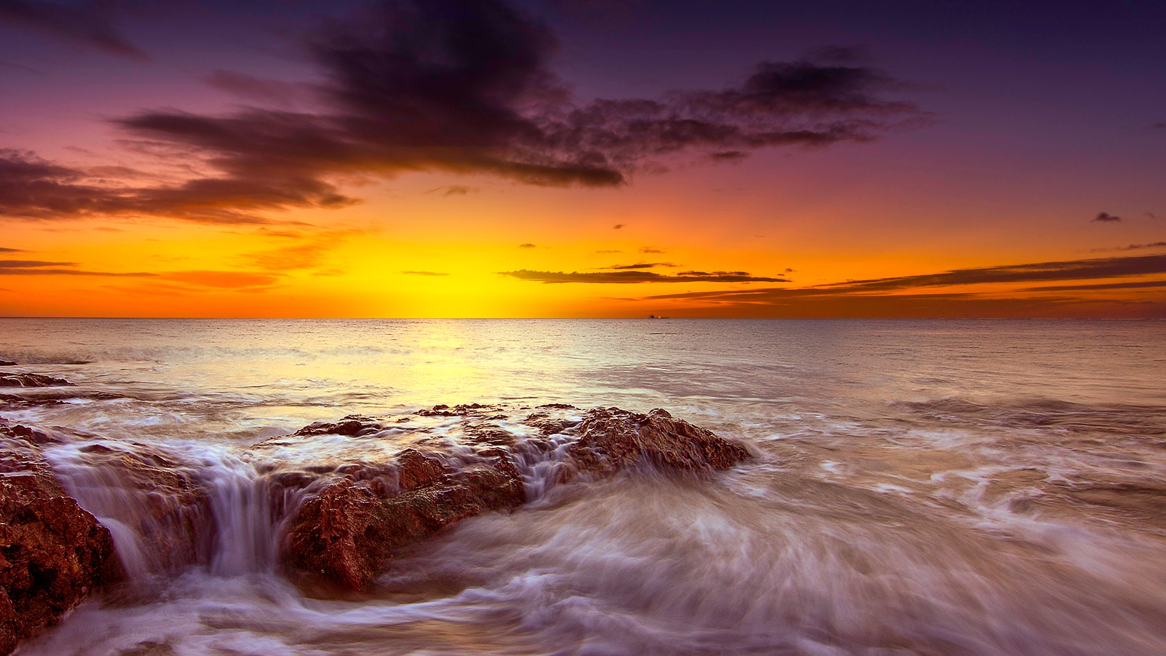 4K Sunset Over Ocean With Rocks HD Wallpaper