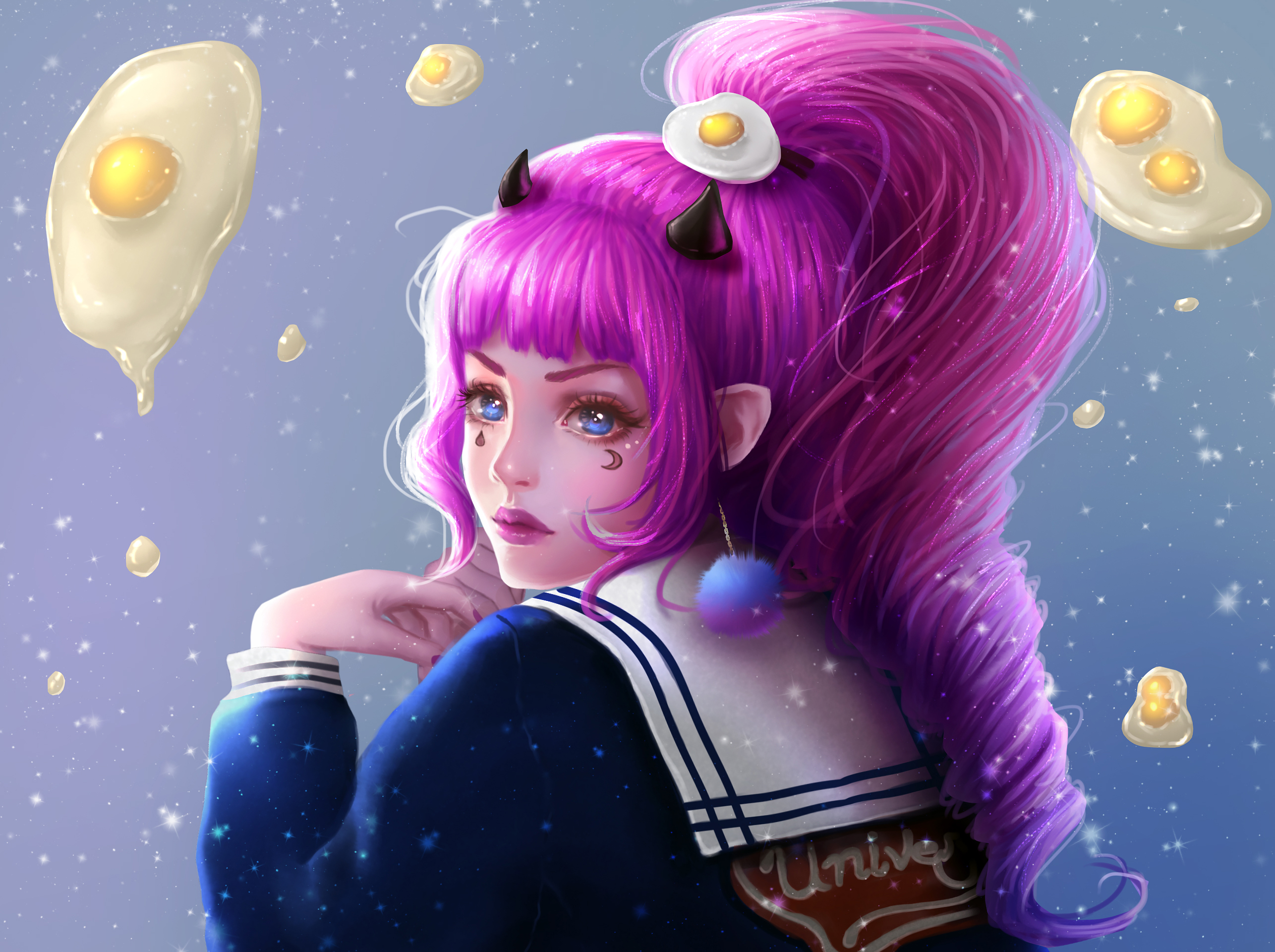 Fantasy girl with pink hair and horns HD Wallpaper
