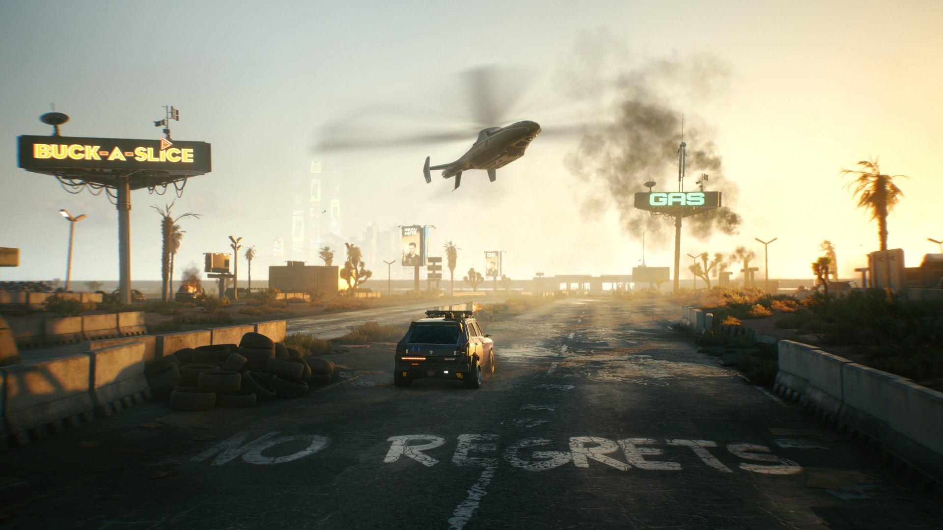 Cyberpunk 2077 desert highway with helicopter and car HD Wallpaper