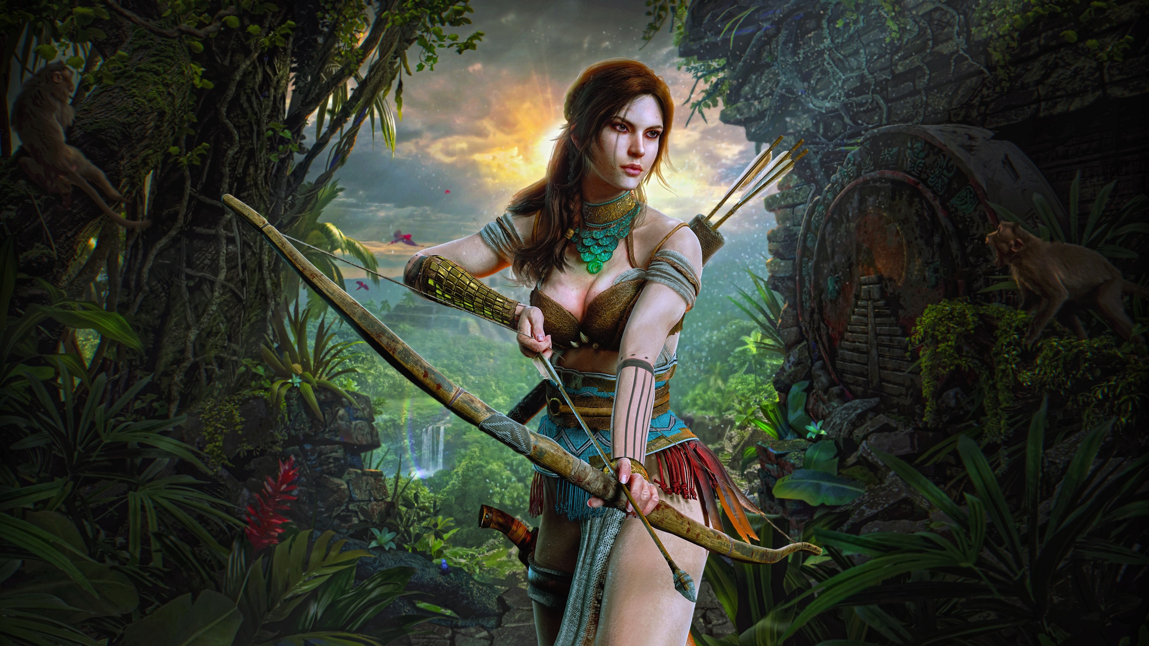 Lara Croft with bow in jungle ruins HD Wallpaper