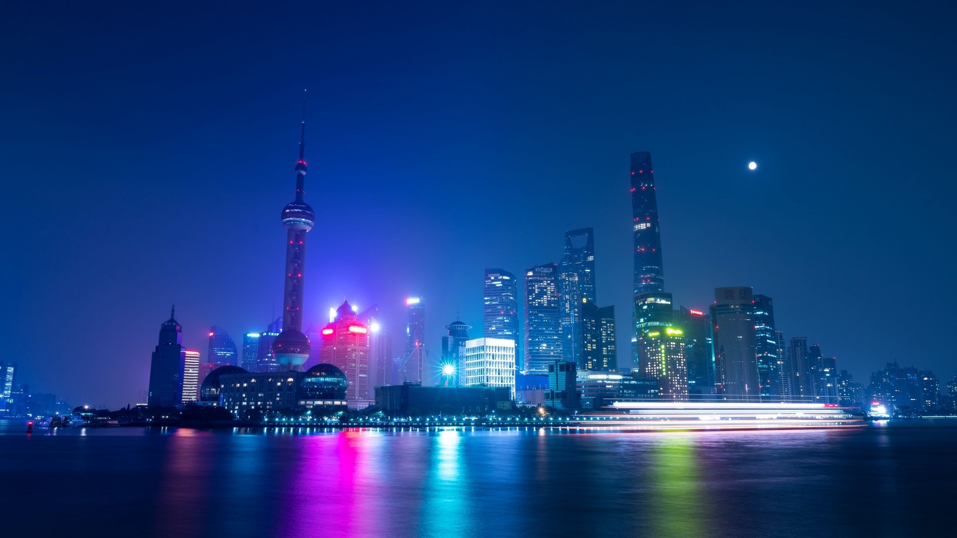 Night city skyline with Oriental Pearl Tower and river HD Wallpaper