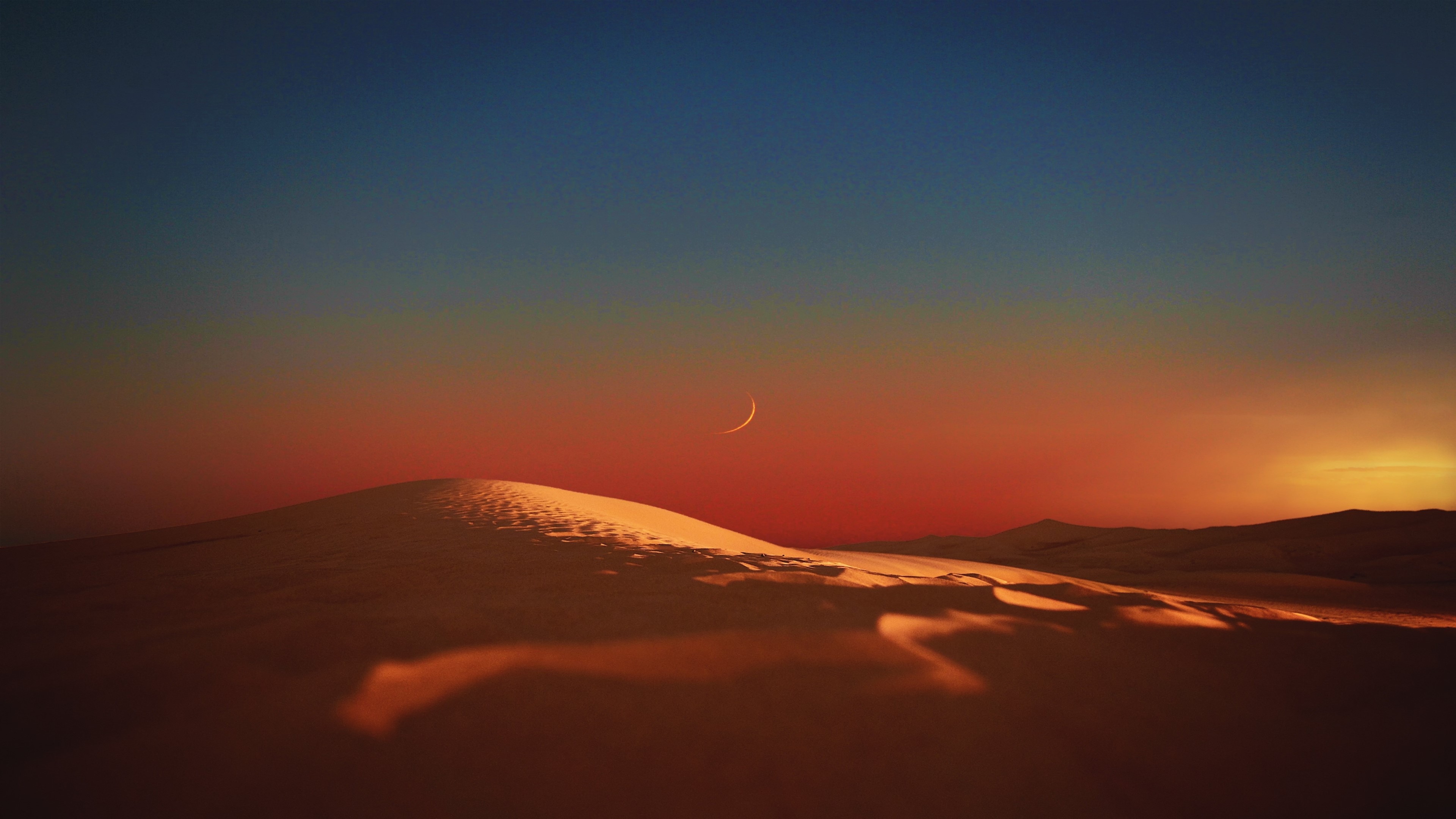 4K Desert Landscape at Dusk with Crescent Moon HD Wallpaper
