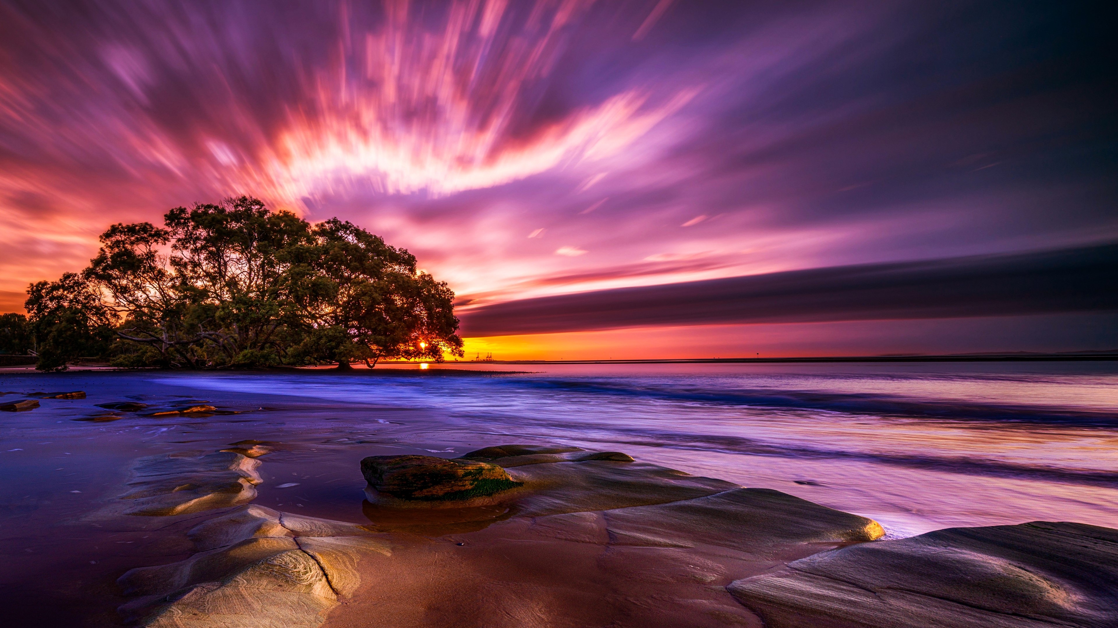 4K Sunset Over Ocean With Tree and Rocks HD Wallpaper