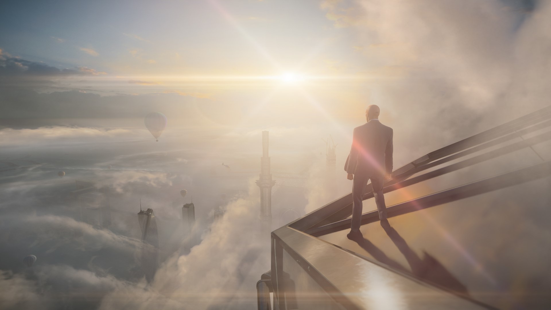 Agent 47 from Hitman 3 overlooking a foggy city HD Wallpaper