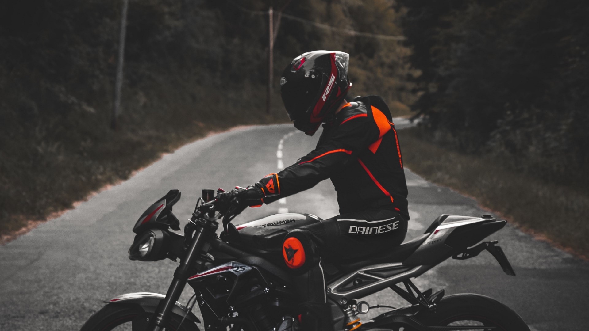 Motorcyclist on a Triumph motorcycle on a road HD Wallpaper