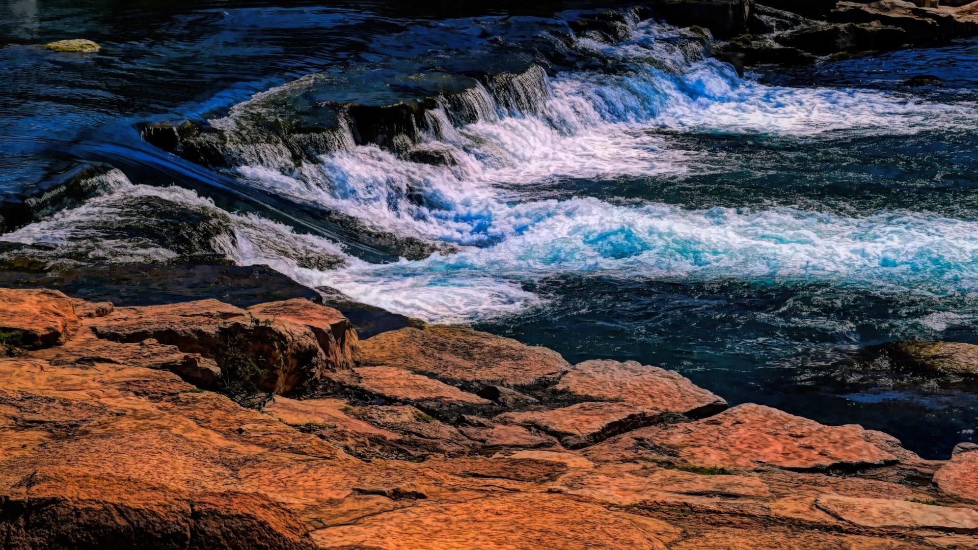 River rapids flowing over rocks HD Wallpaper