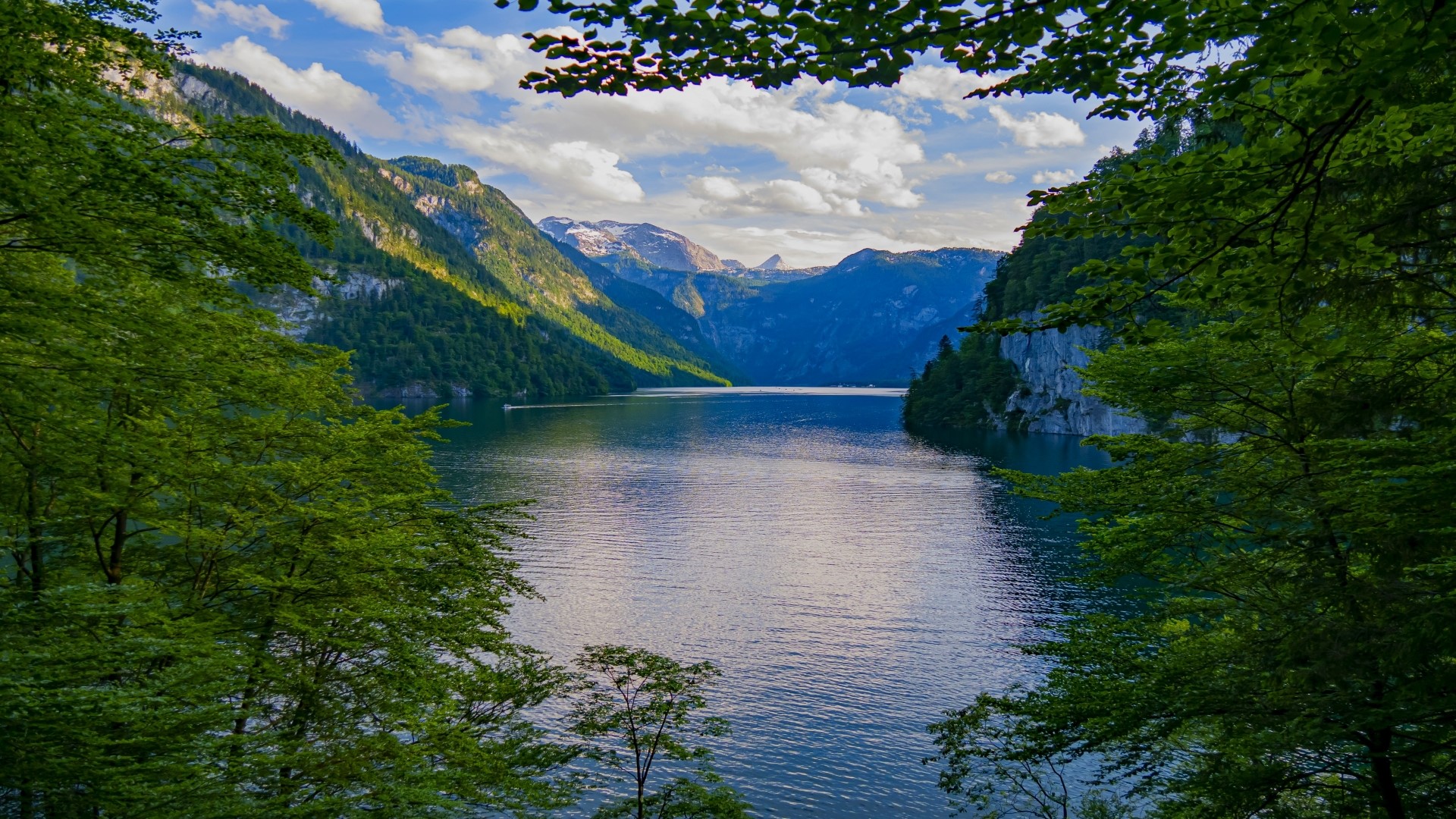 Lake surrounded by mountains and trees HD Wallpaper