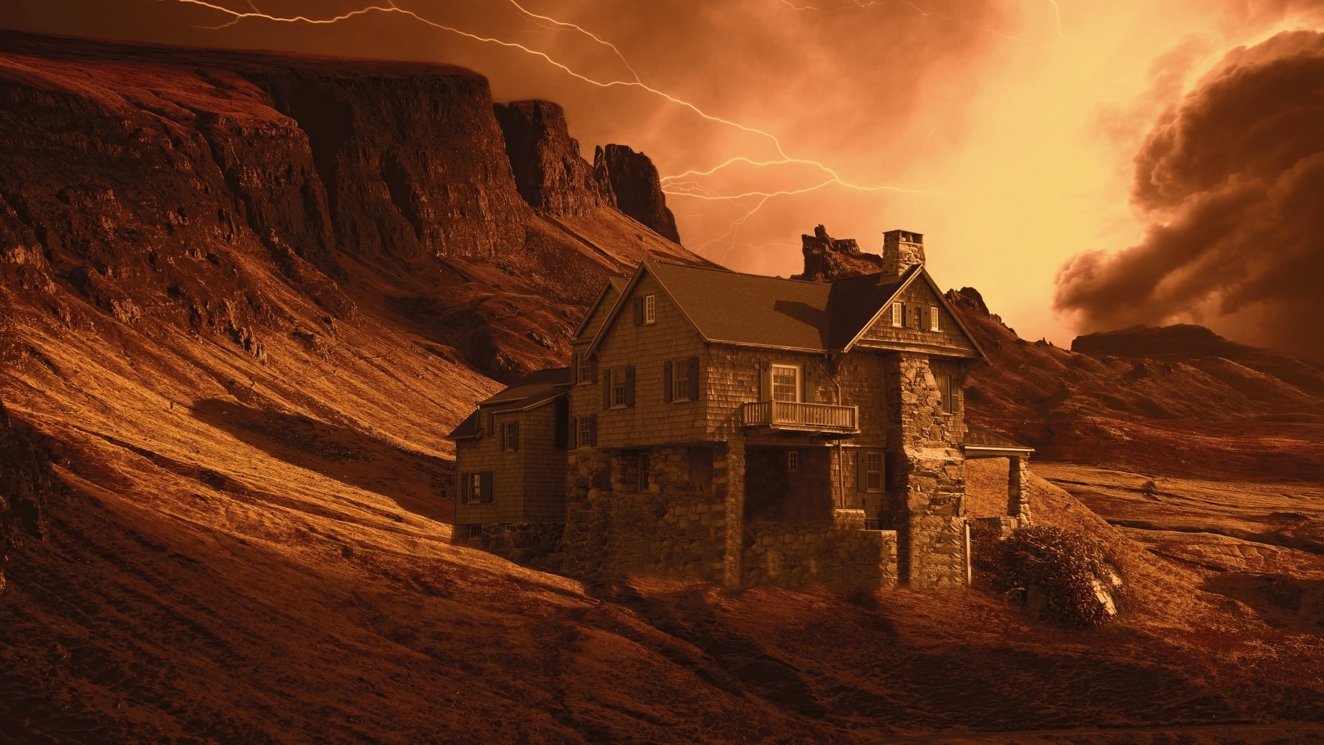 House on a hill during a lightning storm HD Wallpaper