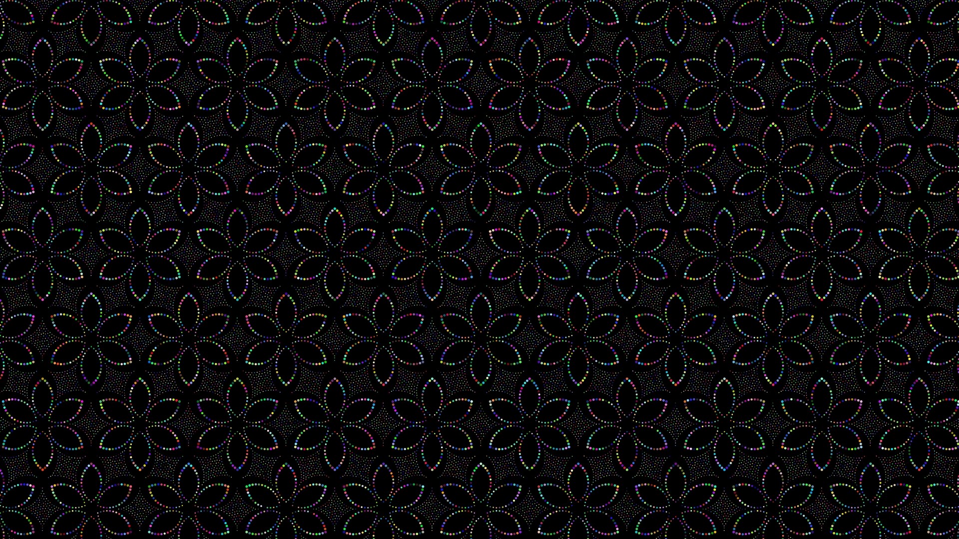 Black background with a repeating floral pattern of colorful dots HD Wallpaper