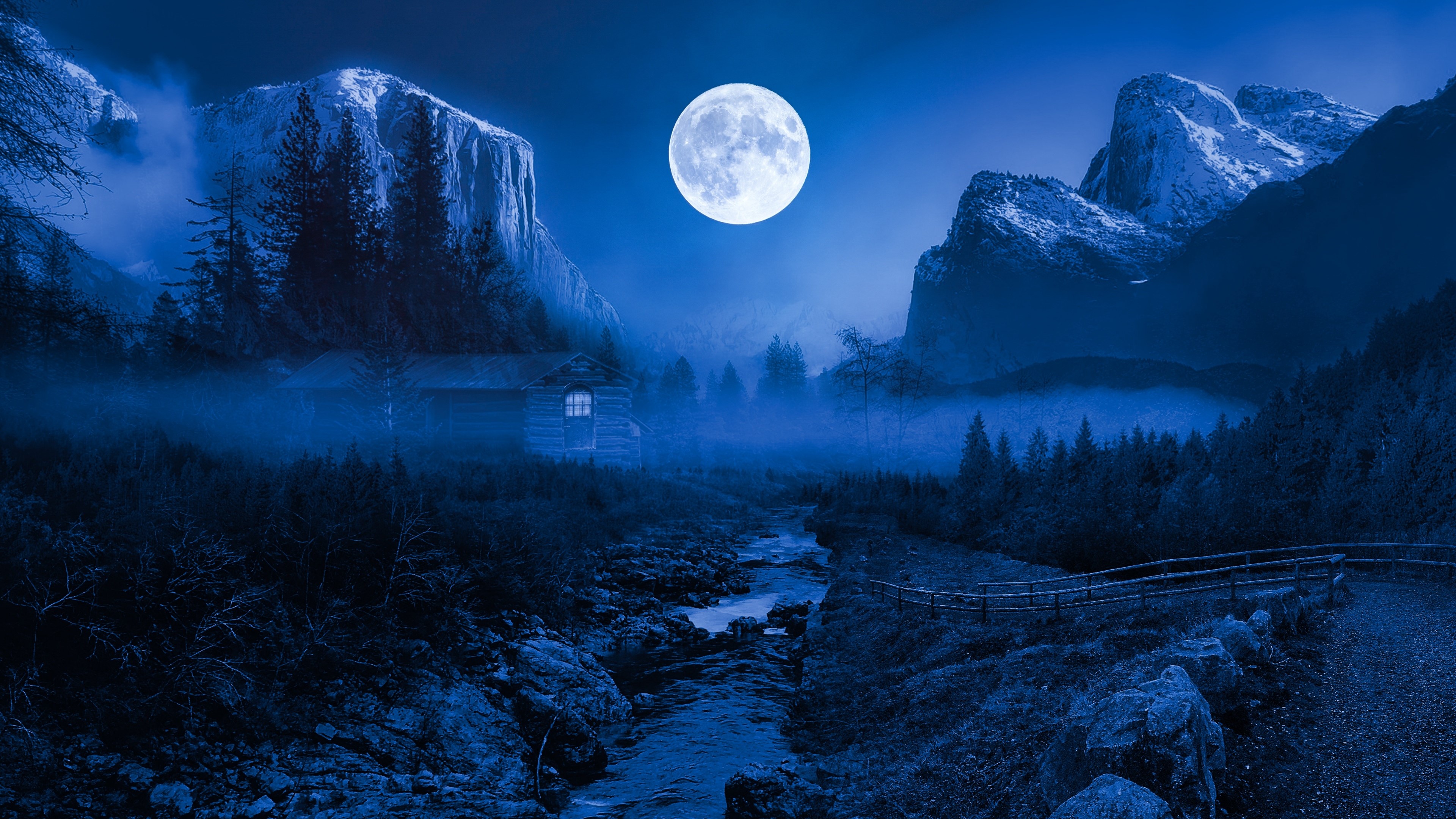 4K Night Landscape with Moonlit Mountains and Cabin HD Wallpaper