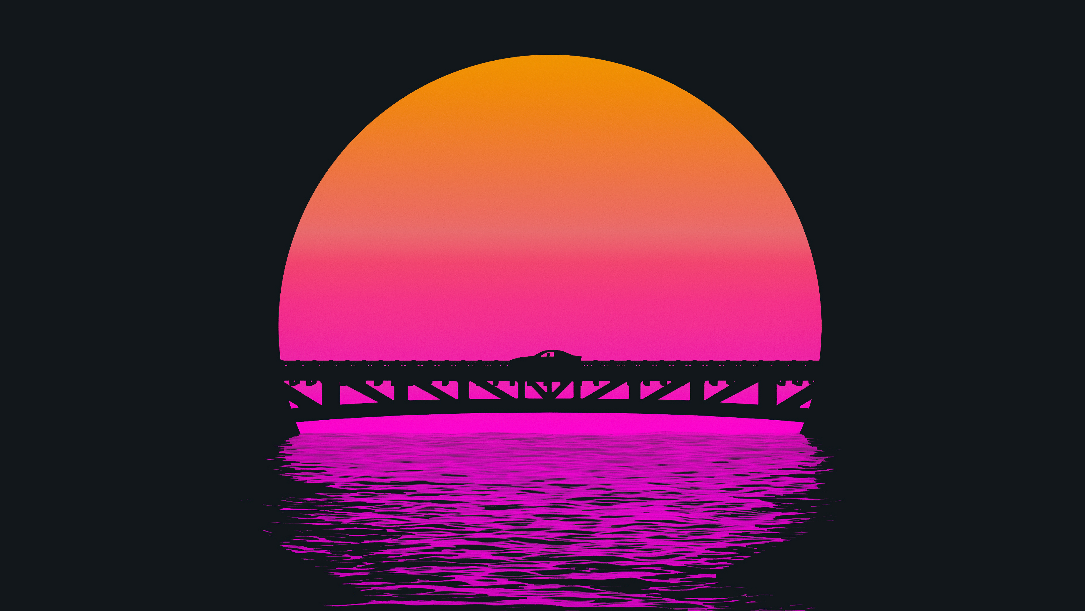Retro Outrun Sunset Bridge 4K HD Wallpaper