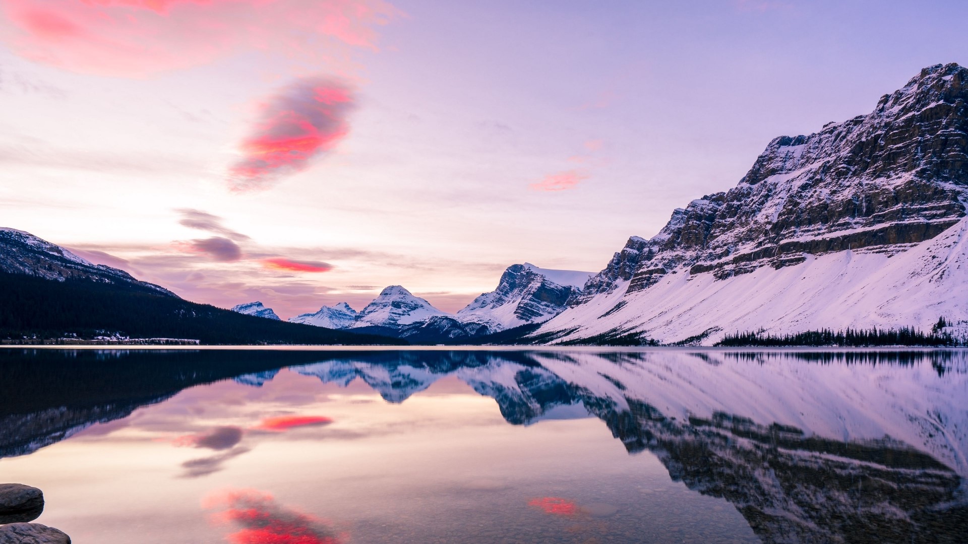 Snowy Mountains Reflecting in a Lake at Sunset HD Wallpaper