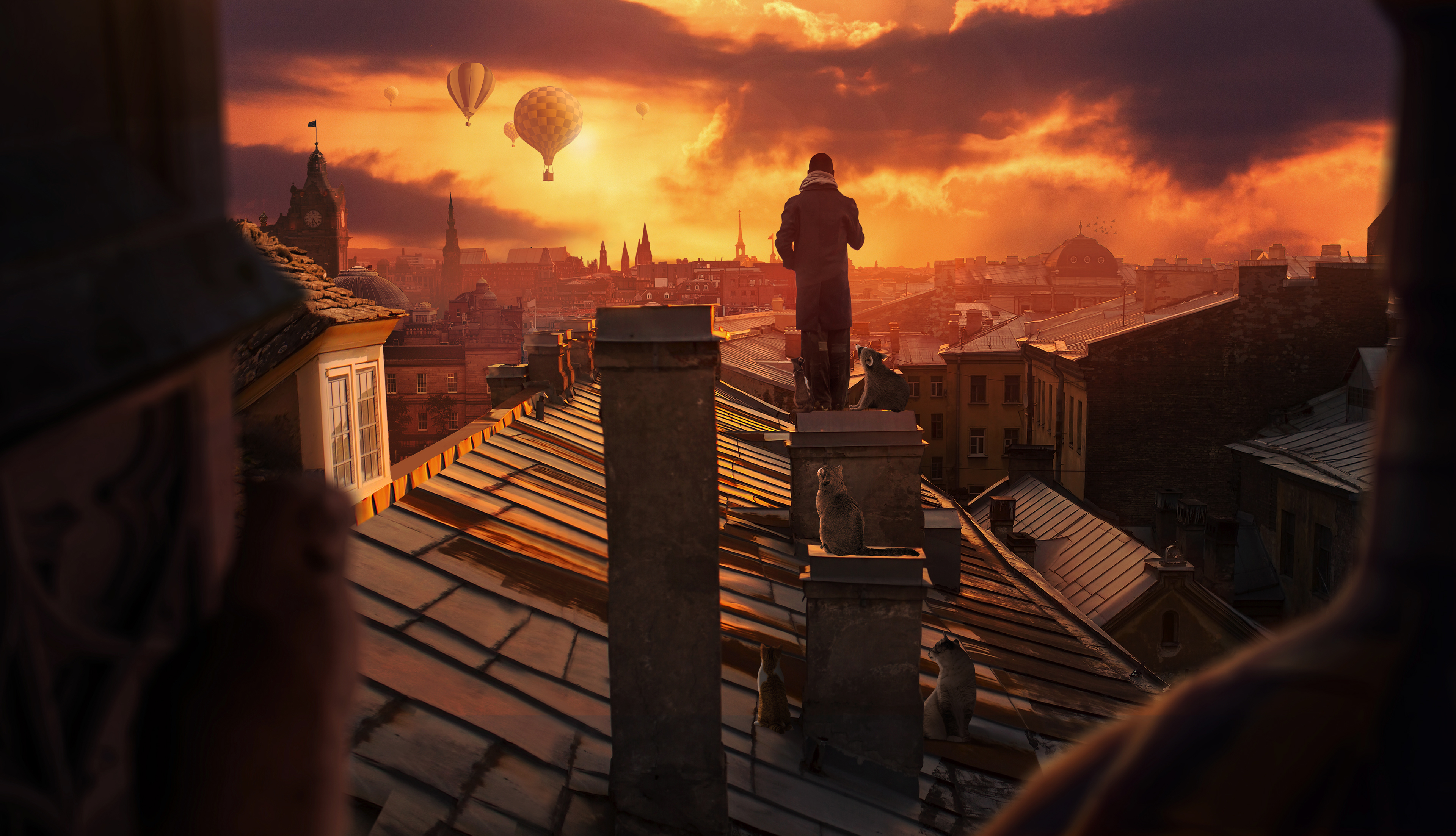 Sunset over city rooftops with hot air balloons HD Wallpaper