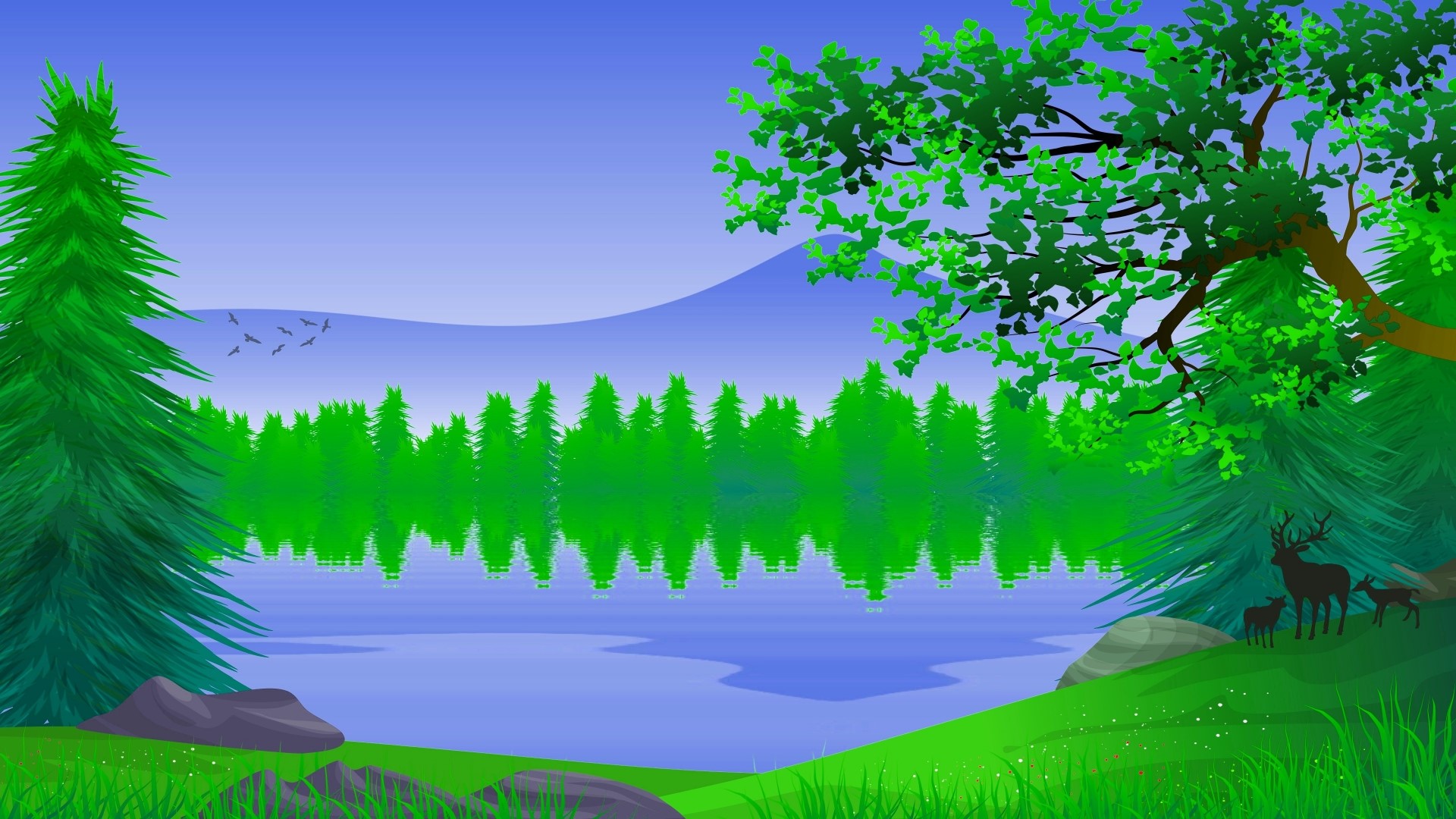 Deer family by a lake with pine trees HD Wallpaper