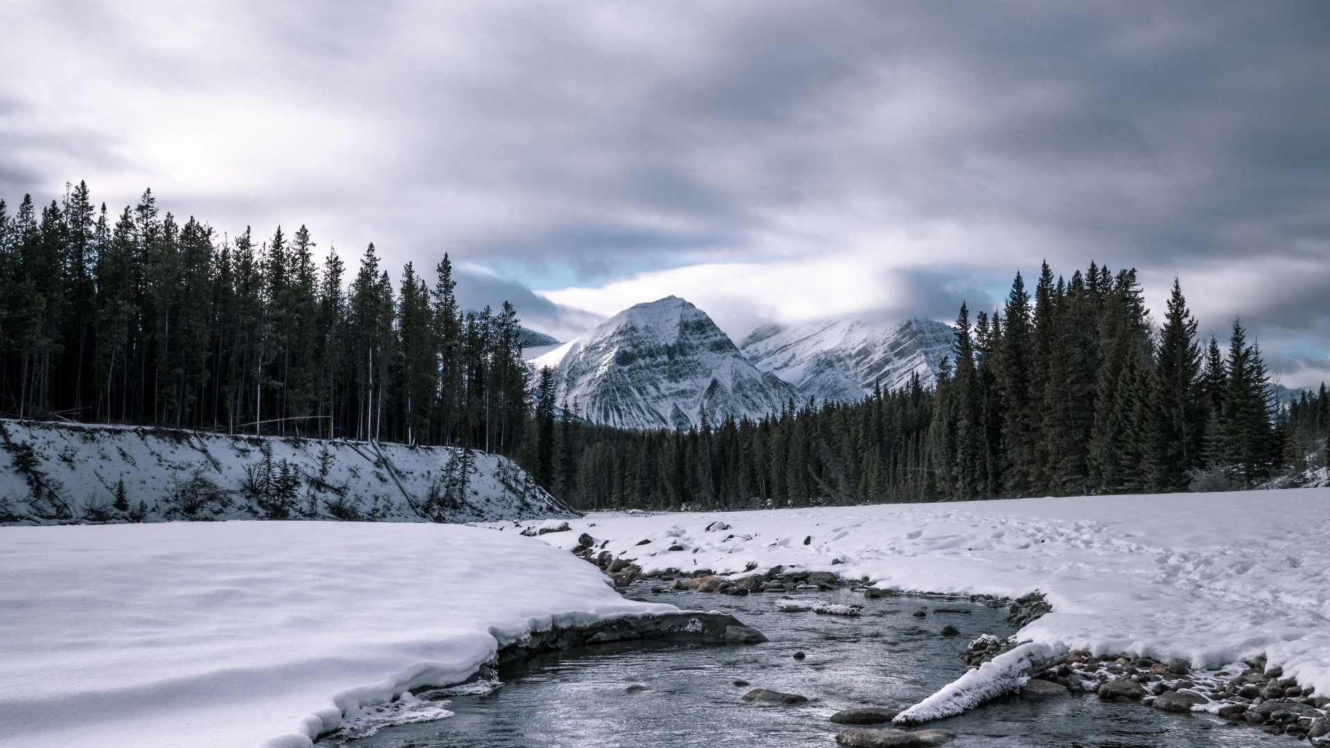 Snowy Mountains and Forest with River HD Wallpaper