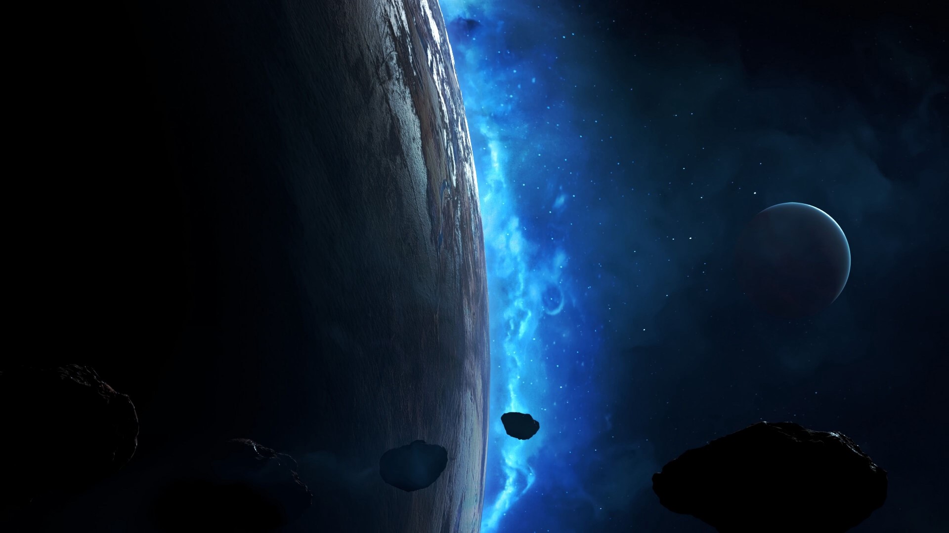 Planet and moon in a nebula HD Wallpaper