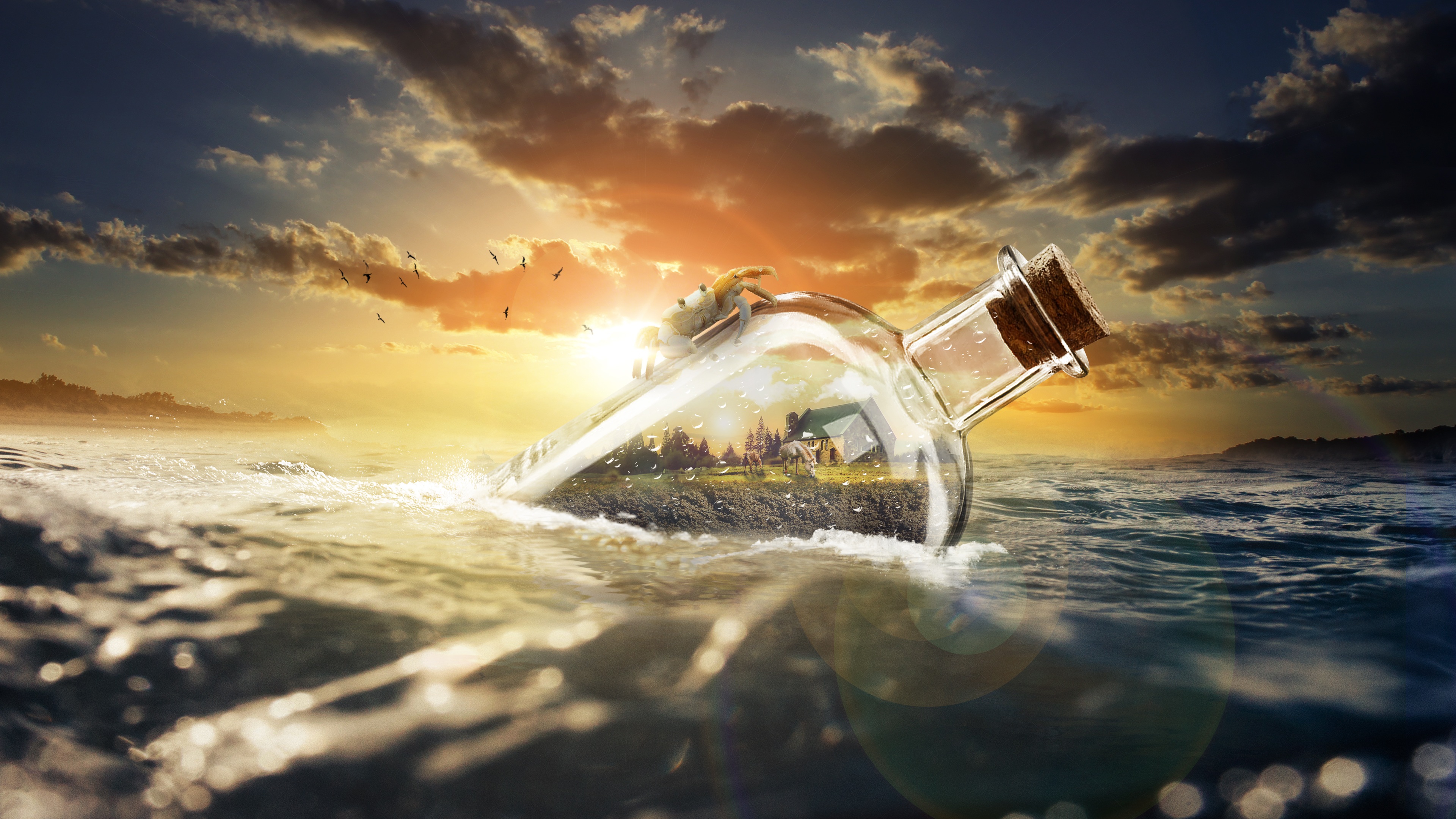 Message in a bottle with a miniature landscape at sunset HD Wallpaper