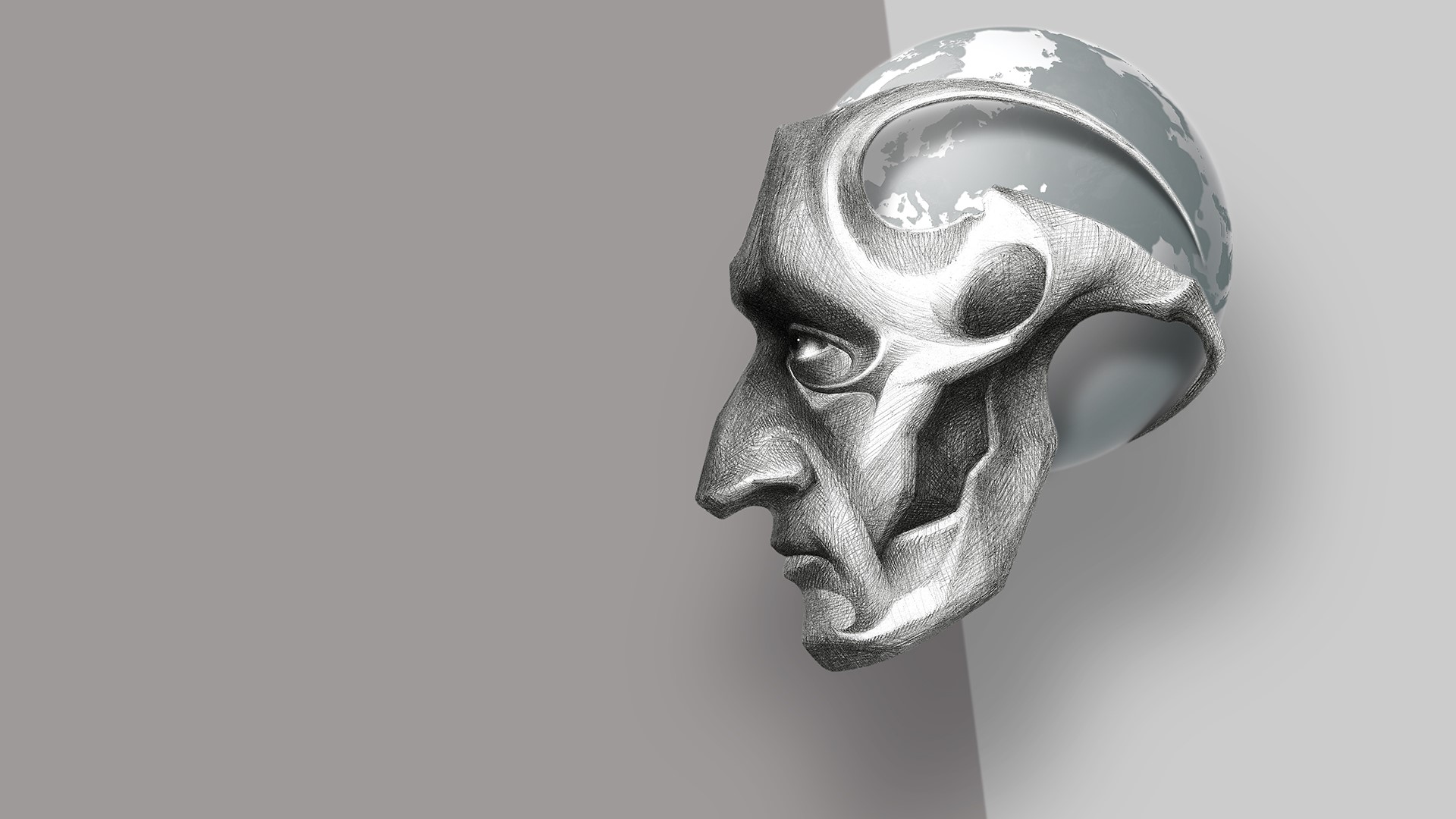 Profile of a stylized head with a globe inside HD Wallpaper