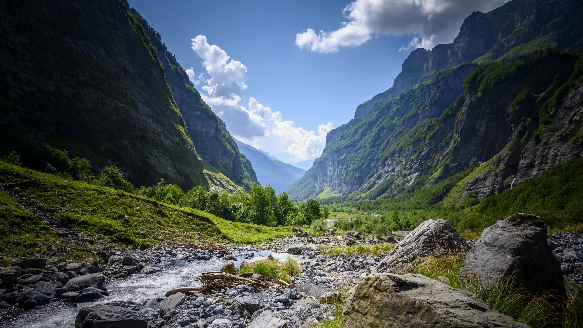 Mountain valley with a river and rocks HD Wallpaper