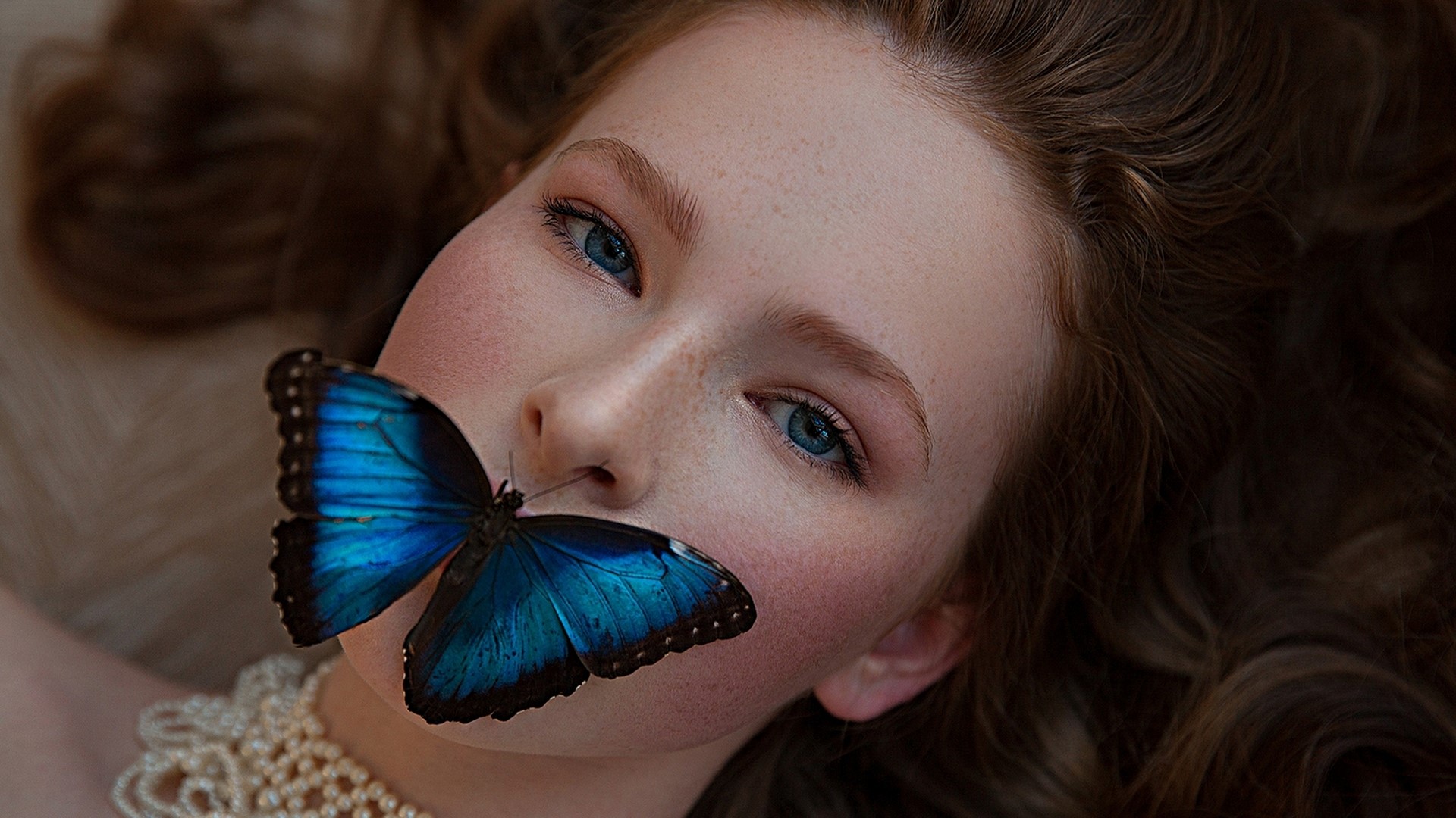 Girl with blue butterfly on her mouth HD Wallpaper