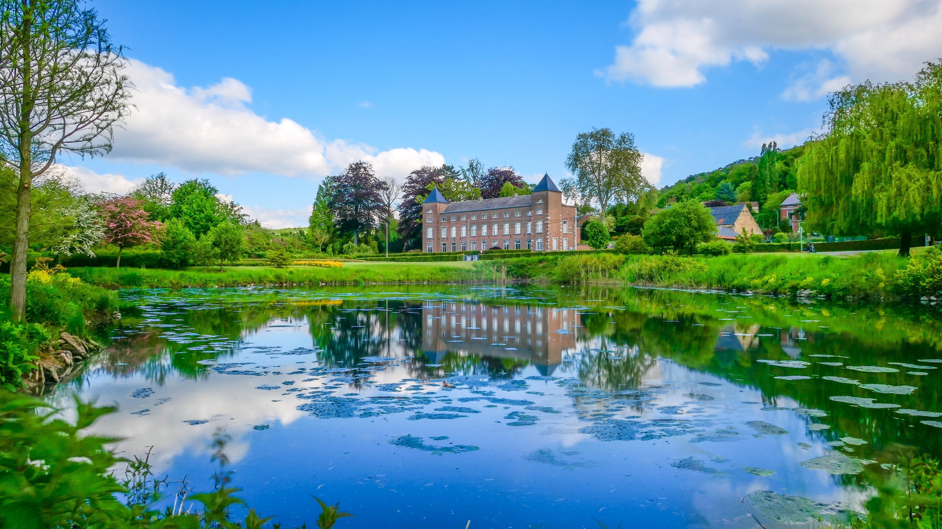 Castle reflected in a pond with trees and blue sky HD Wallpaper