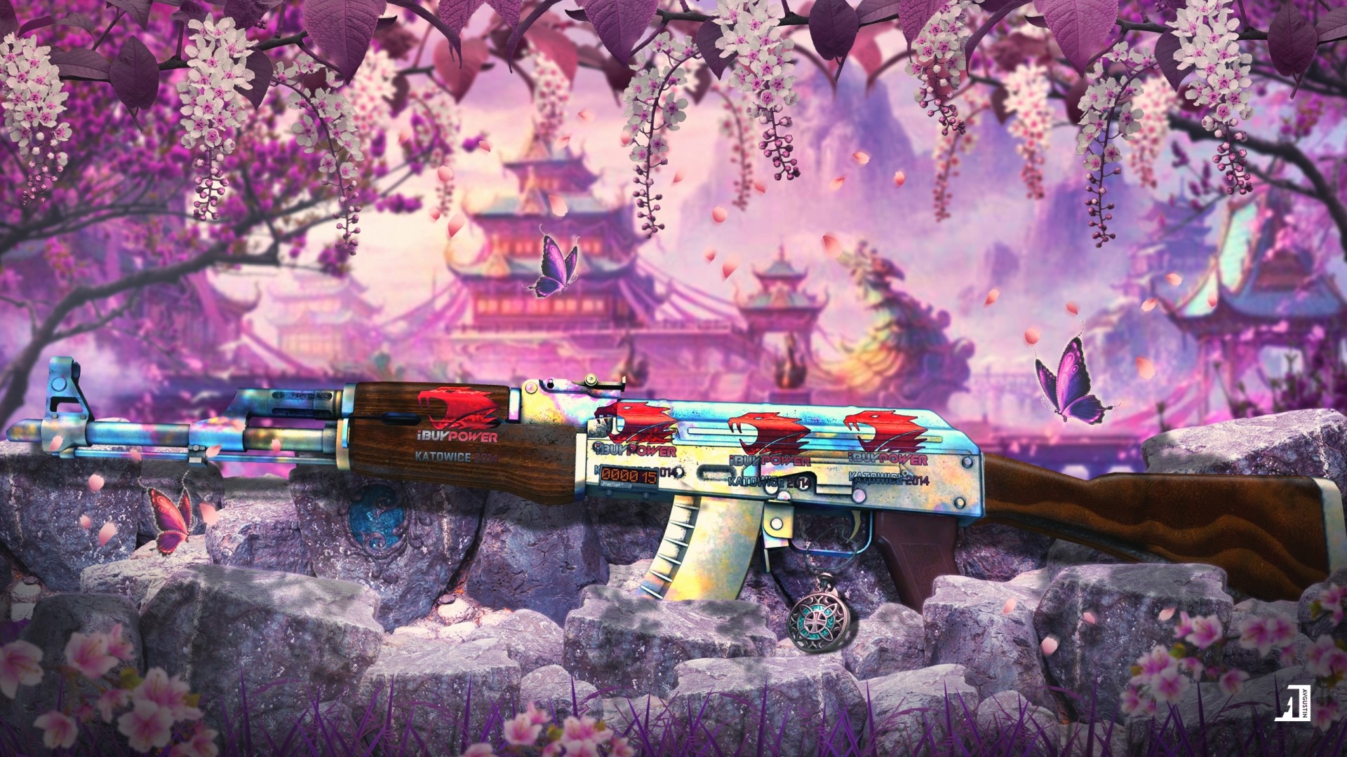 AK-47 Asiimov CS:GO skin with Japanese-inspired background HD Wallpaper