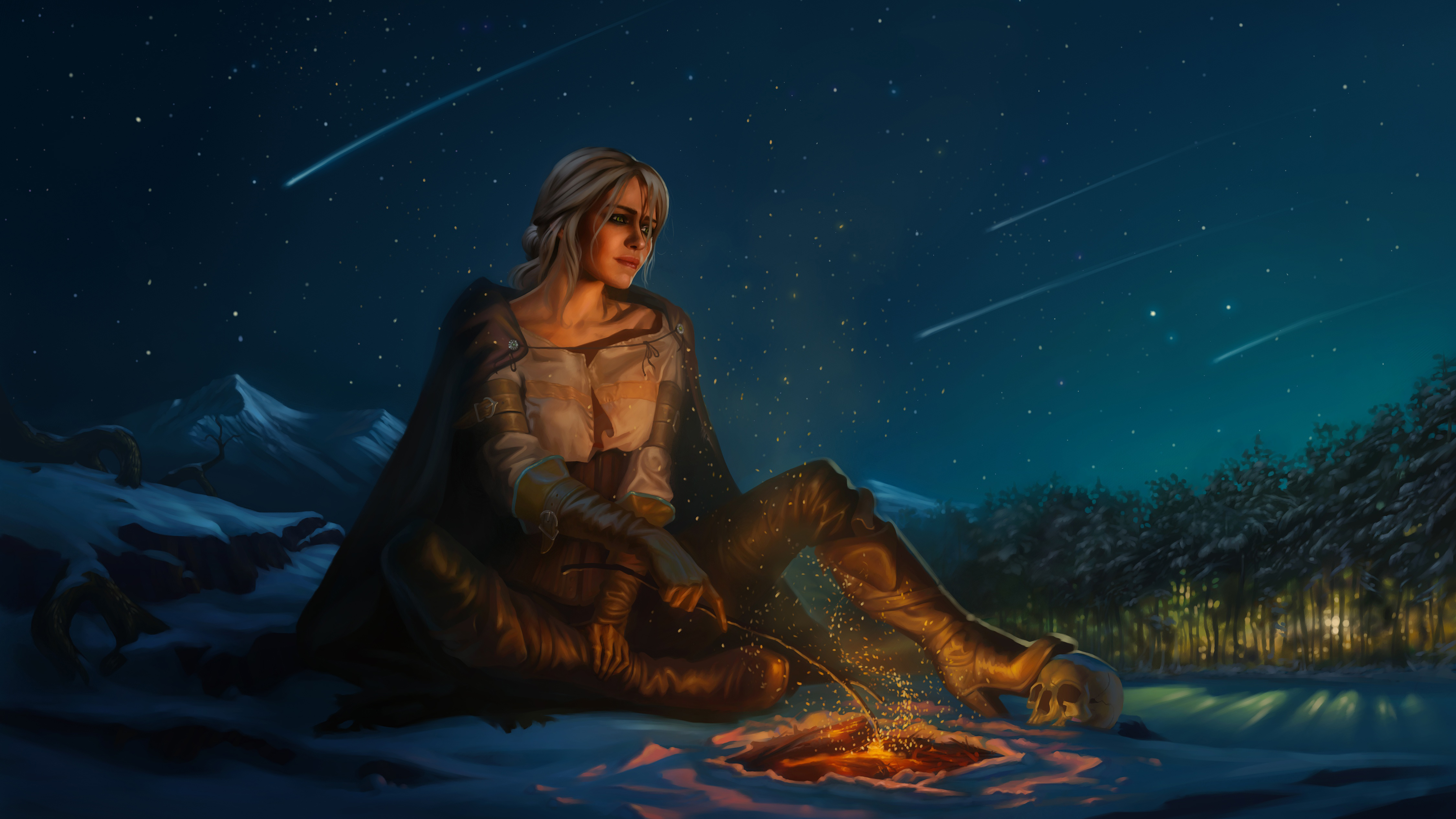 Ciri from The Witcher 3: Wild Hunt sitting by a campfire under the stars HD Wallpaper