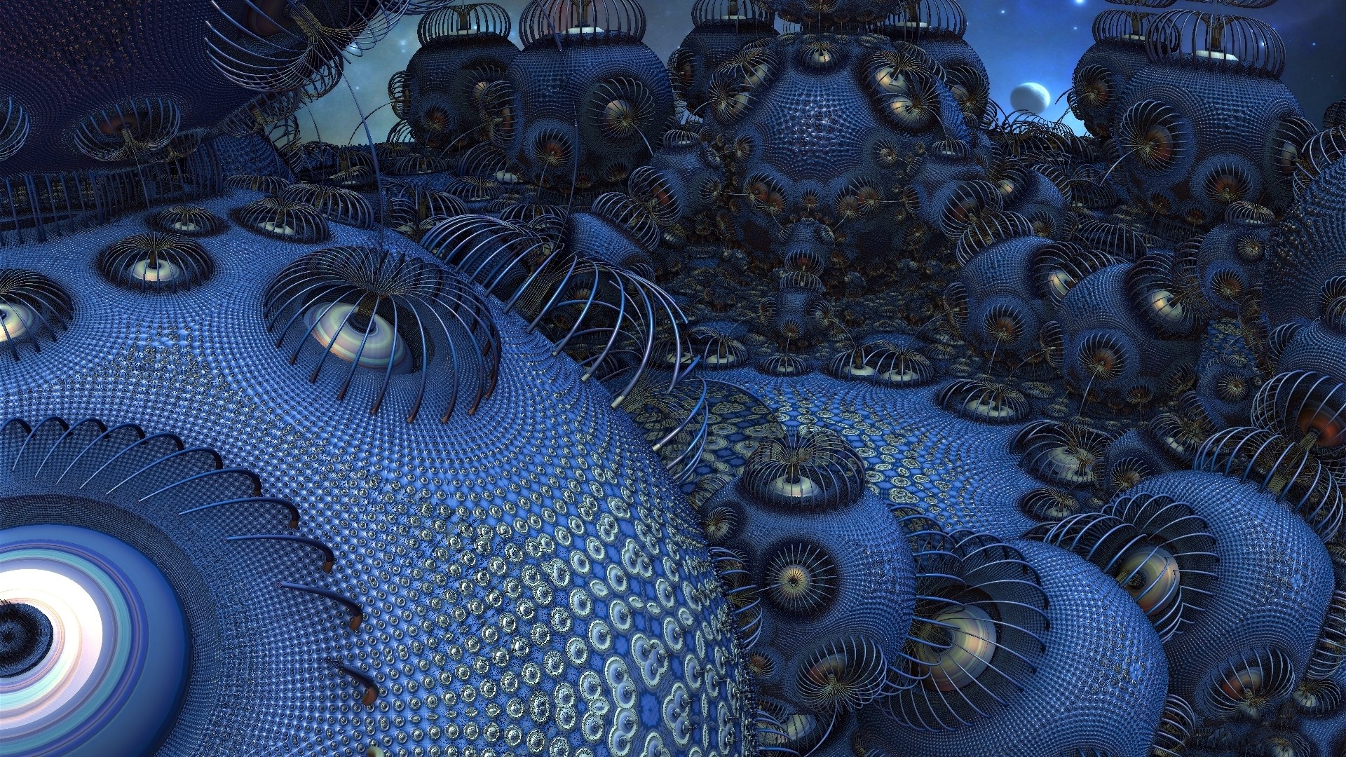 Blue fractal landscape with alien structures HD Wallpaper
