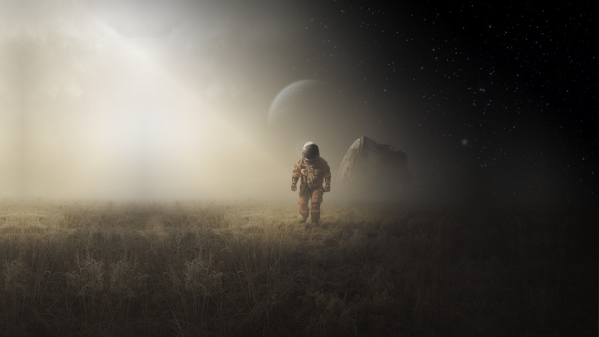 Astronaut walking on alien planet with moon and stars HD Wallpaper
