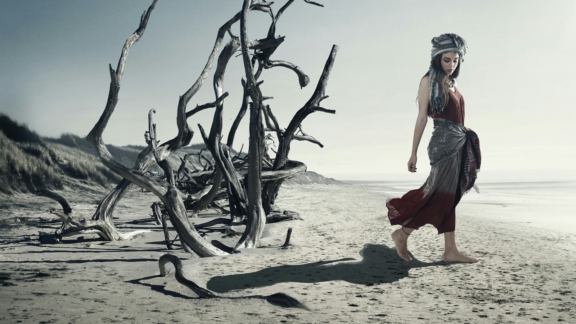 Girl walking on a beach with driftwood HD Wallpaper