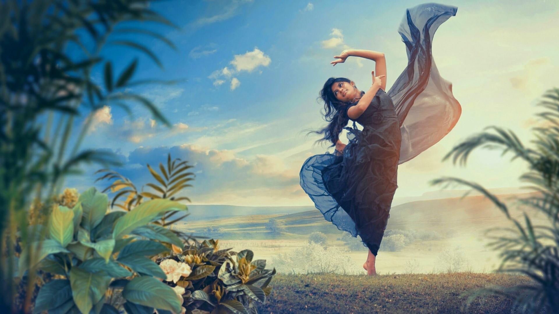 Girl in black dress dancing in a field HD Wallpaper