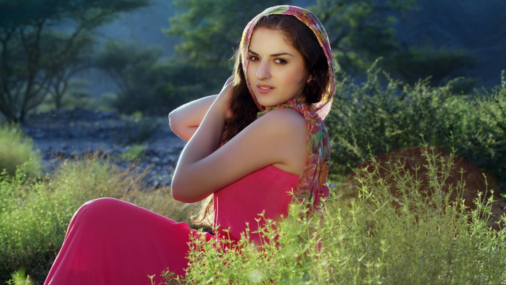 Girl in a pink dress and headscarf outdoors HD Wallpaper