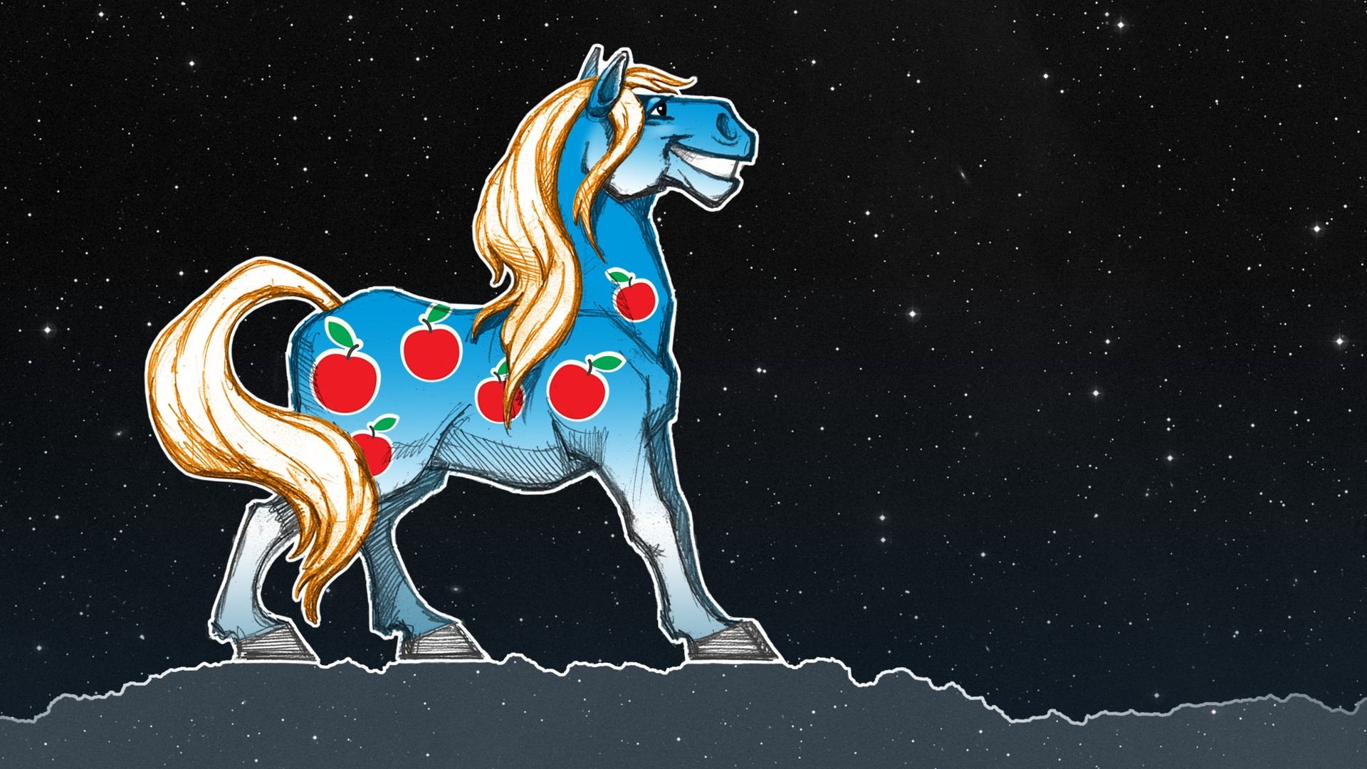 Blue horse with apples in space HD Wallpaper