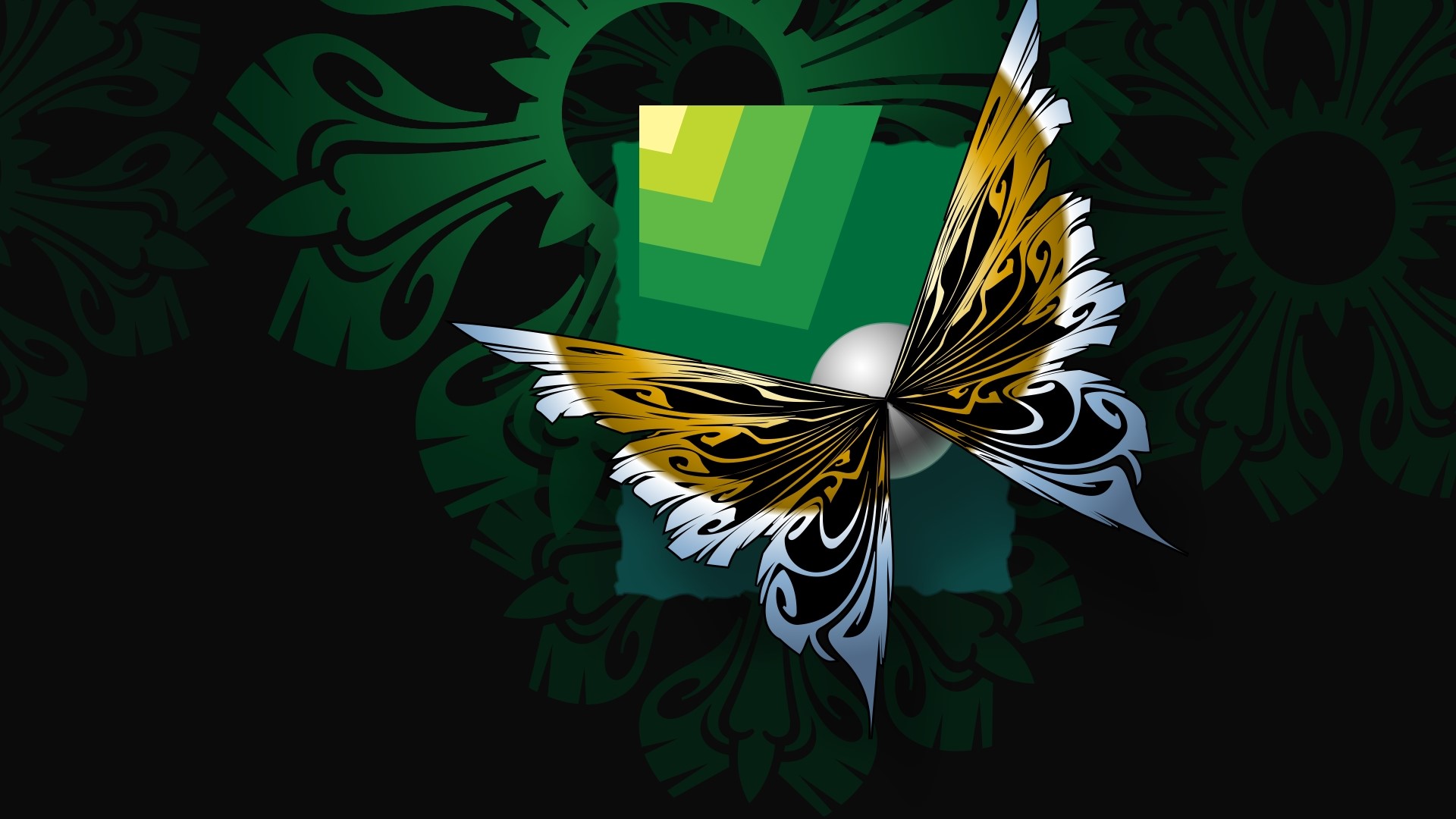 Butterfly with green square and floral background HD Wallpaper