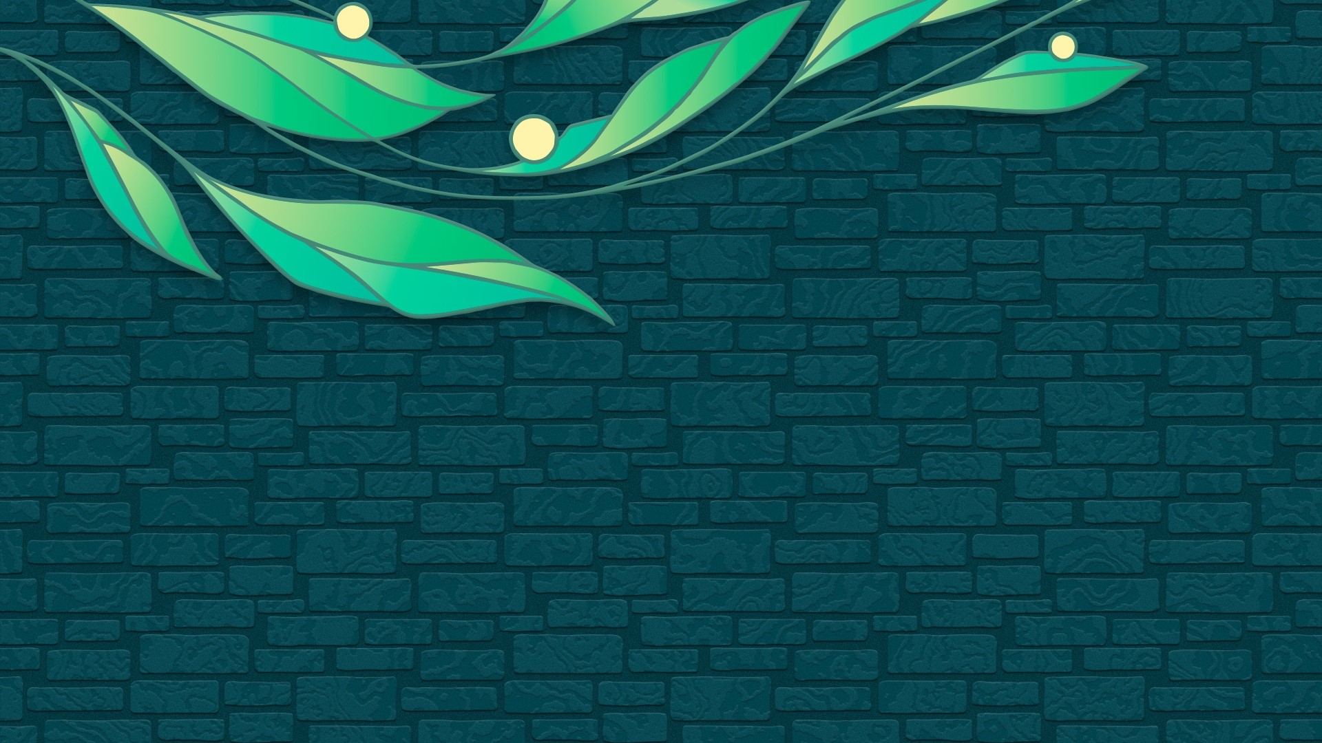 Green leaves and yellow dots on a dark brick wall HD Wallpaper