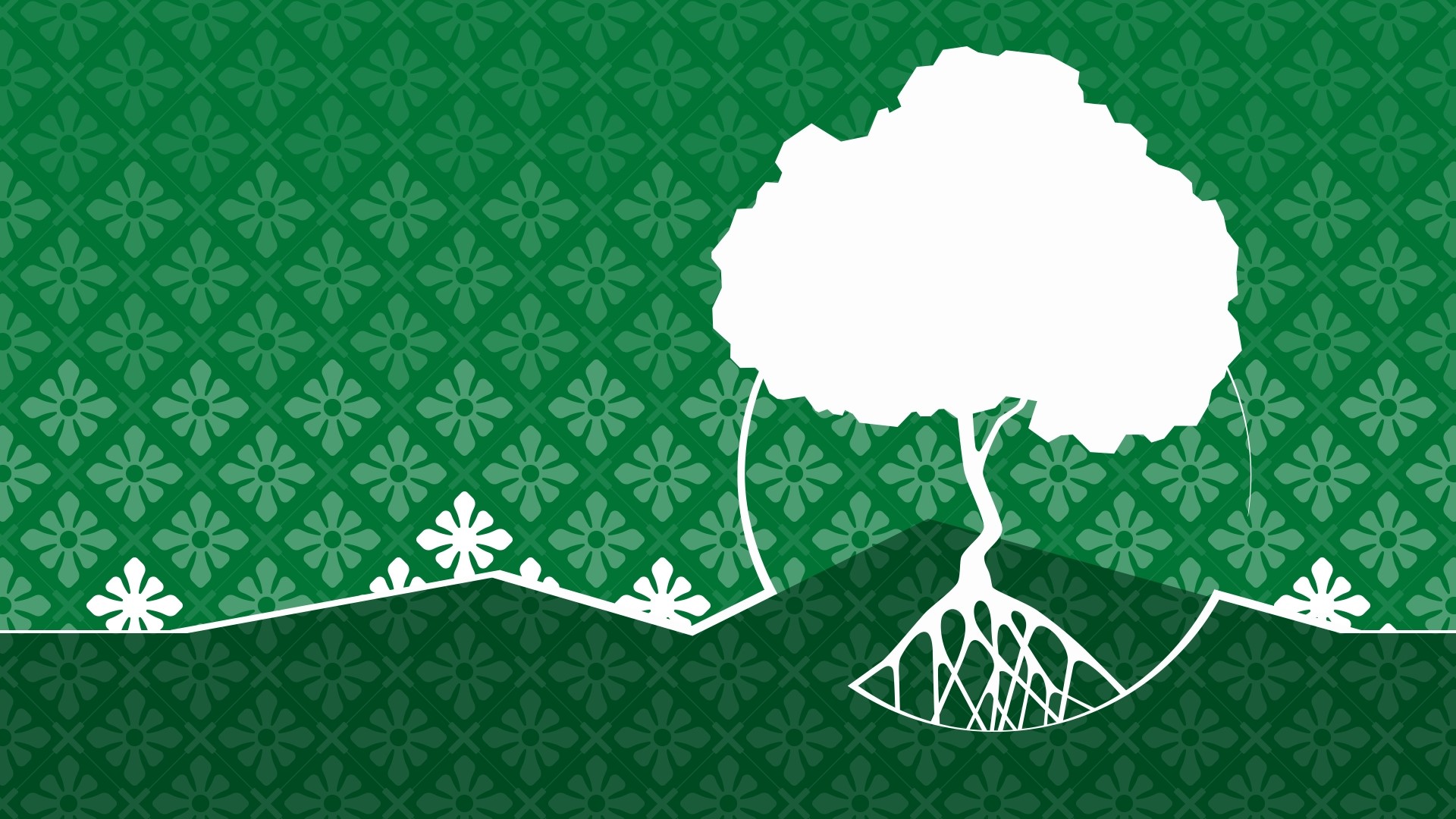 White tree with roots on green floral pattern HD Wallpaper