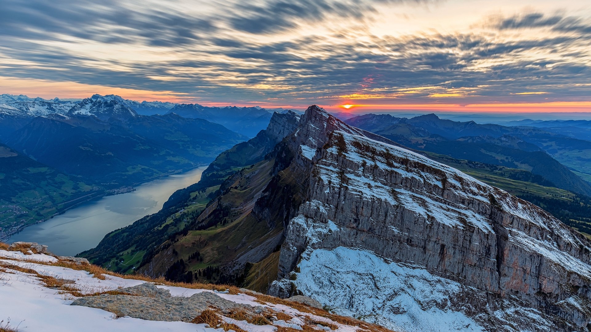 Mountain range with lake at sunrise HD Wallpaper