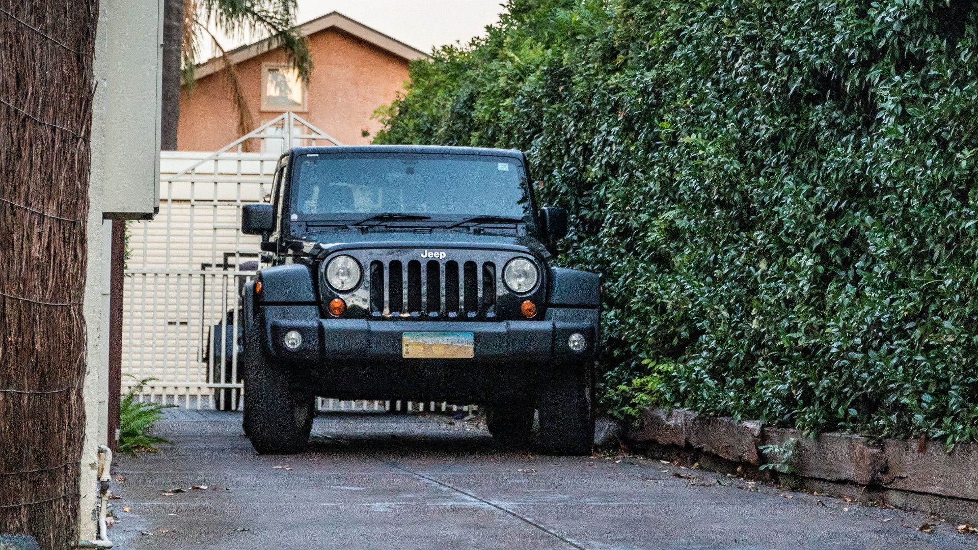 Black Jeep parked on driveway next to hedge HD Wallpaper