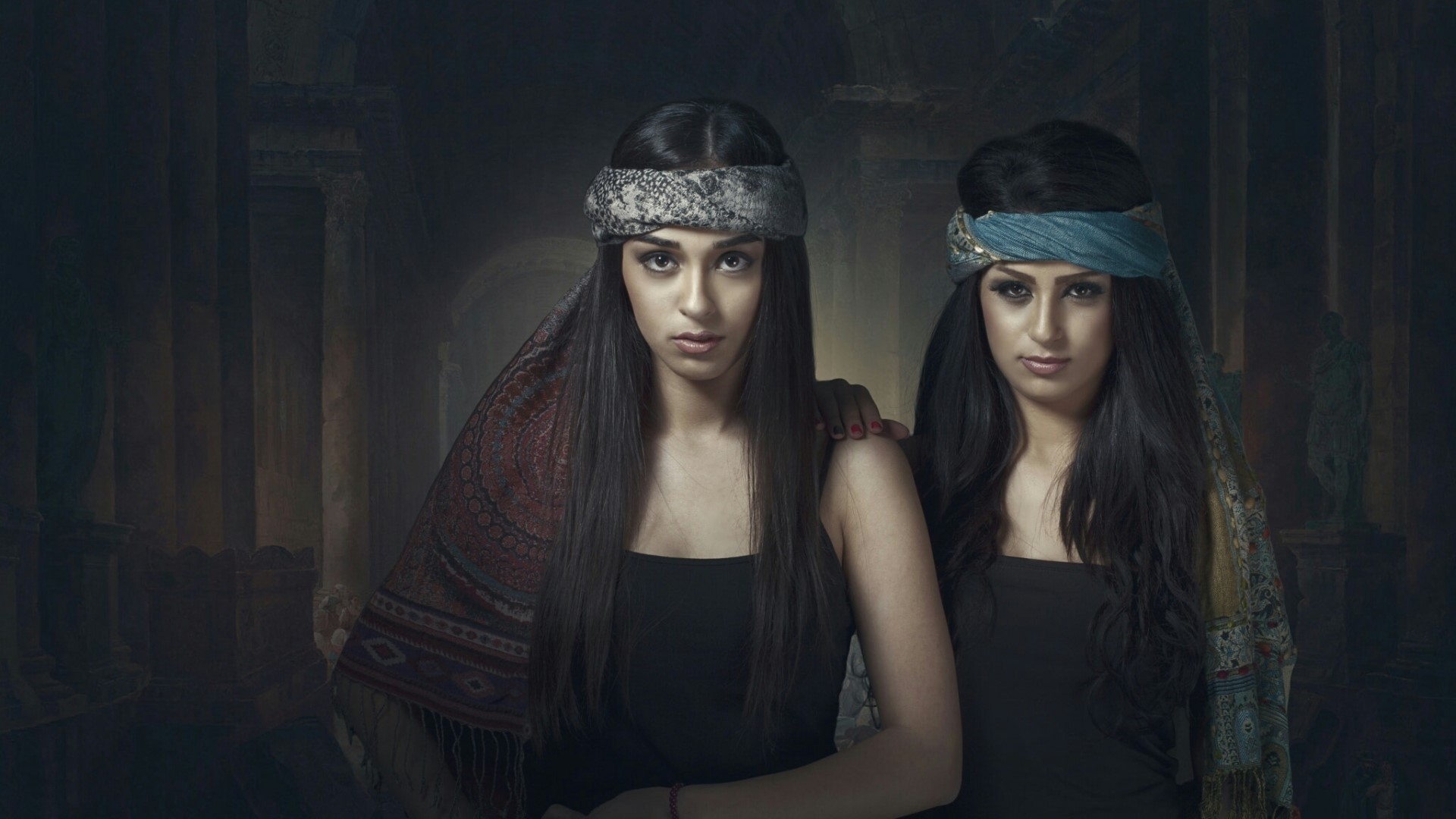 Two young women with headbands in ancient setting HD Wallpaper