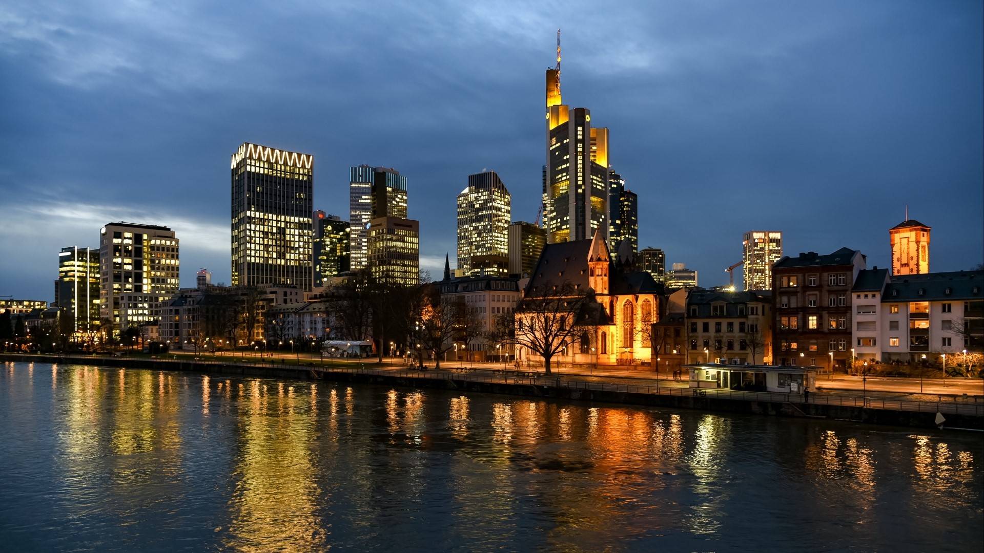 Night cityscape with river reflection HD Wallpaper