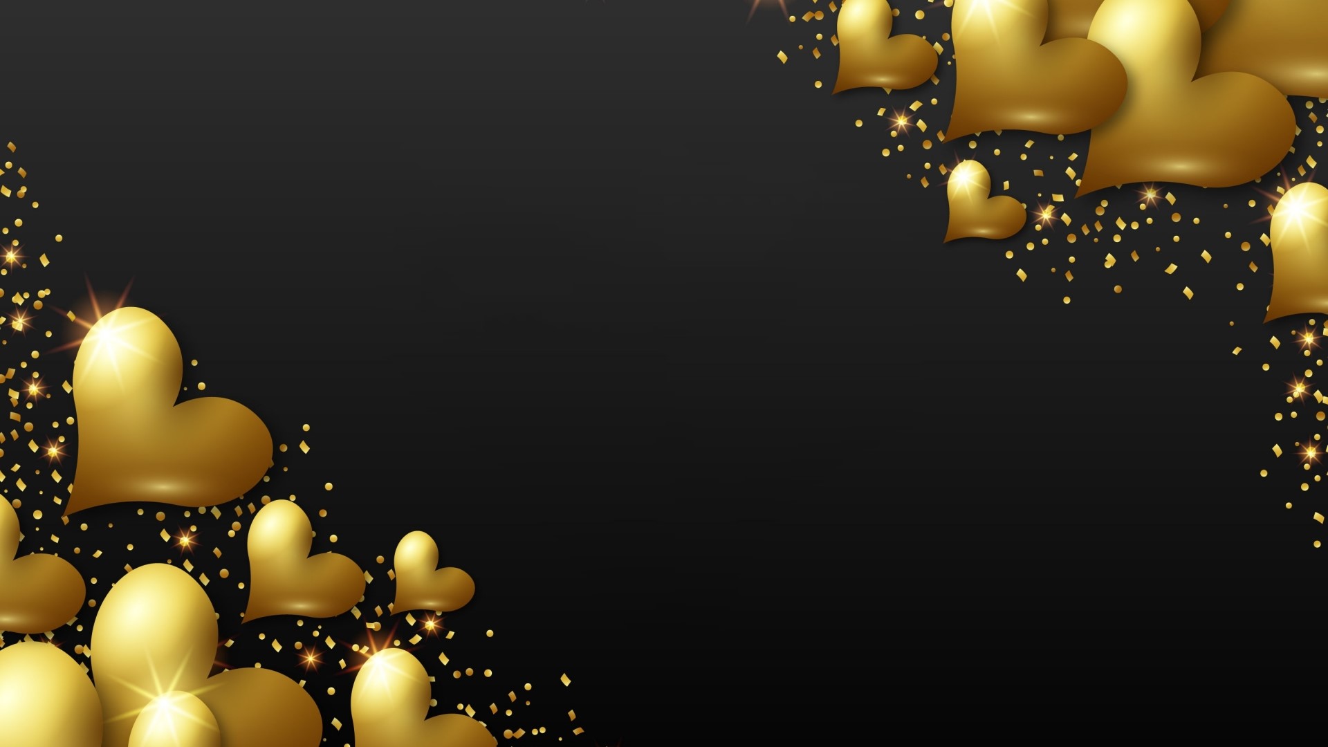 Golden Hearts and Confetti on Black Background HD Wallpaper