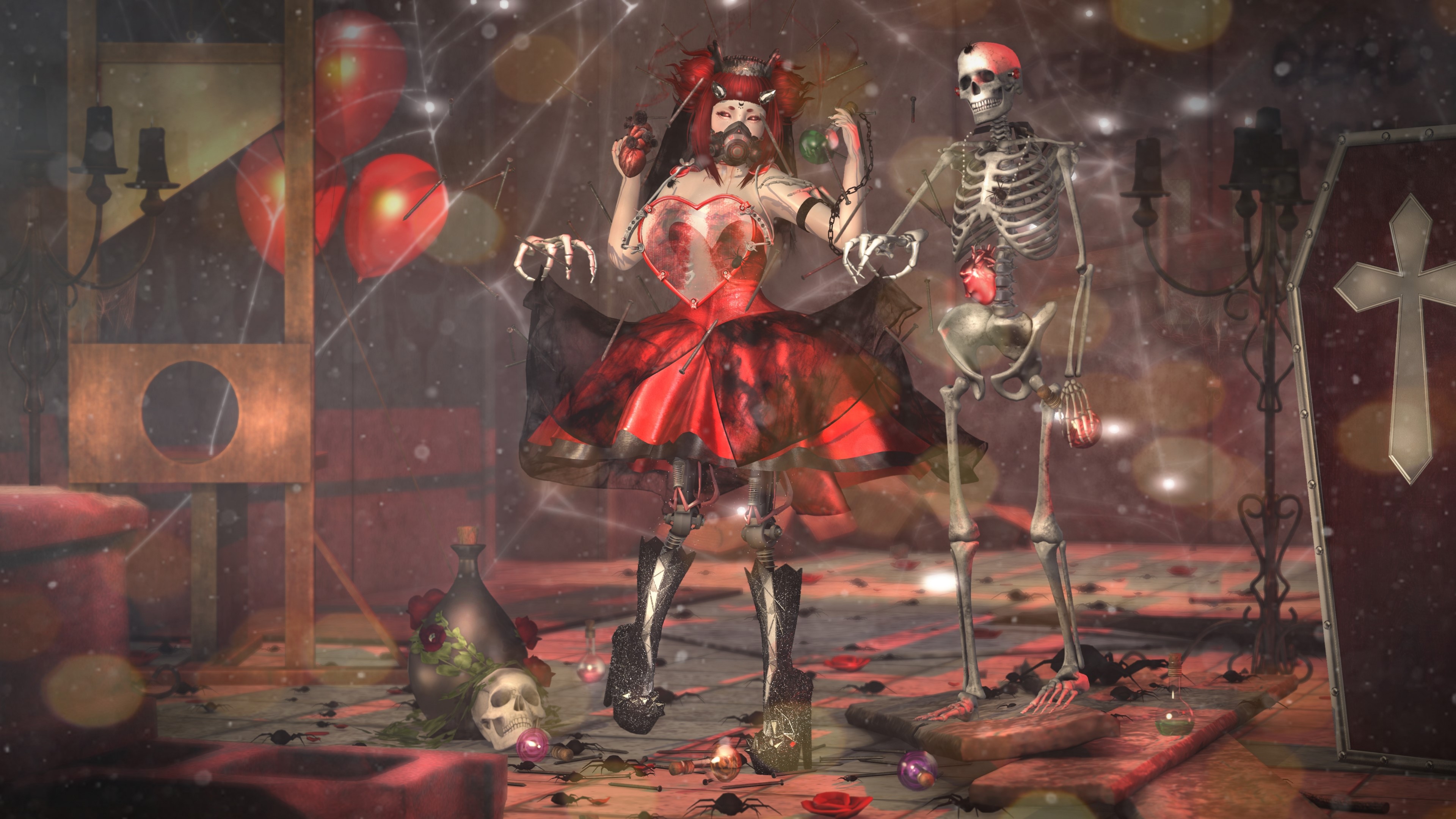 4K 3D Fantasy Girl and Skeleton HD Wallpaper