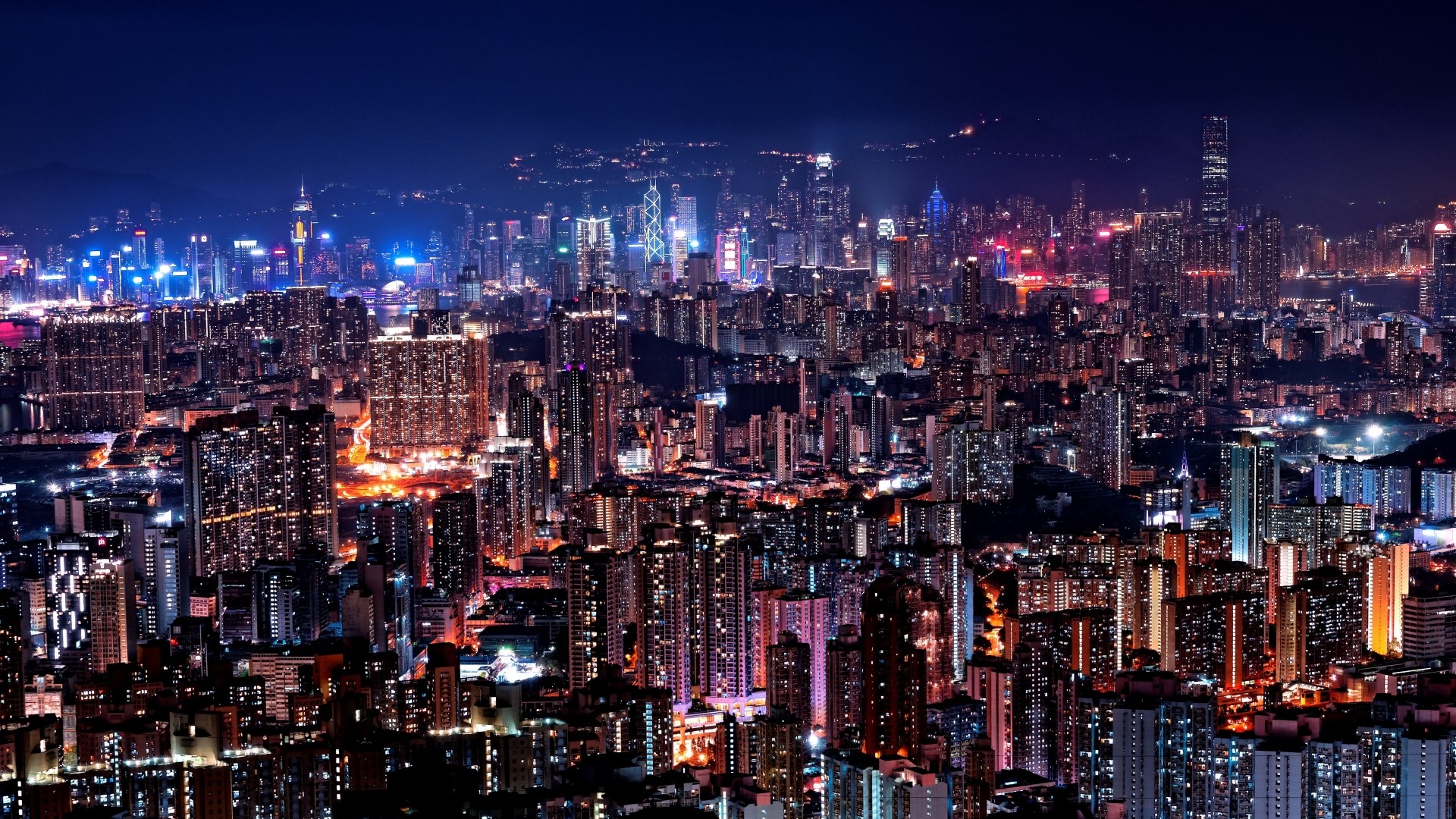 Night cityscape with illuminated skyscrapers HD Wallpaper