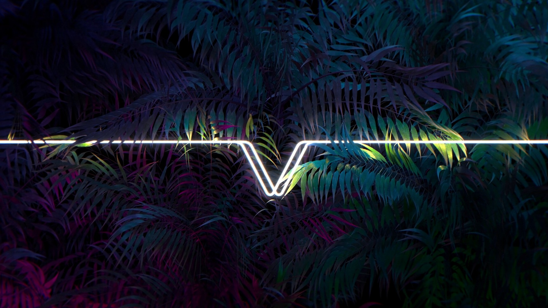 Neon V symbol on tropical leaves HD Wallpaper
