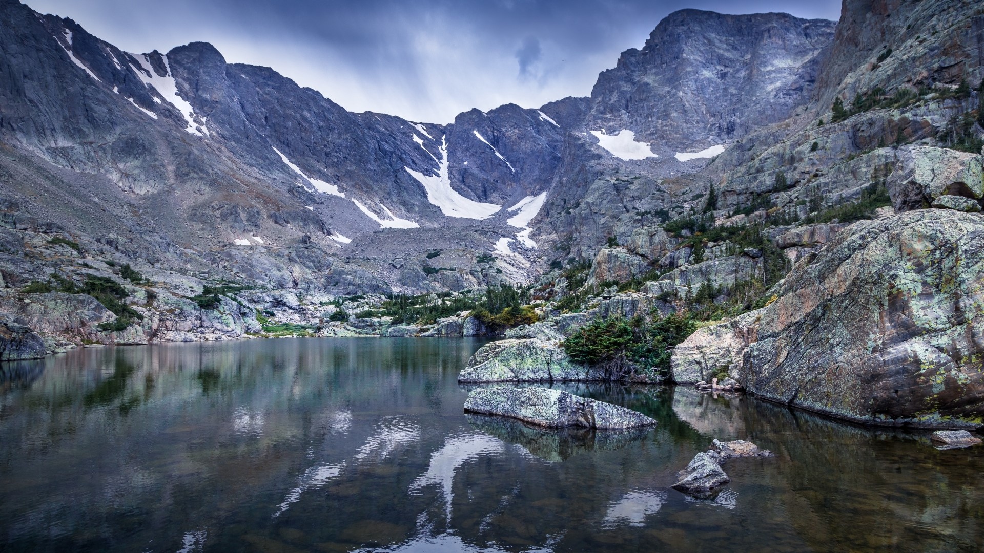 Rocky Mountains Lake with Snow-Capped Peaks HD Wallpaper