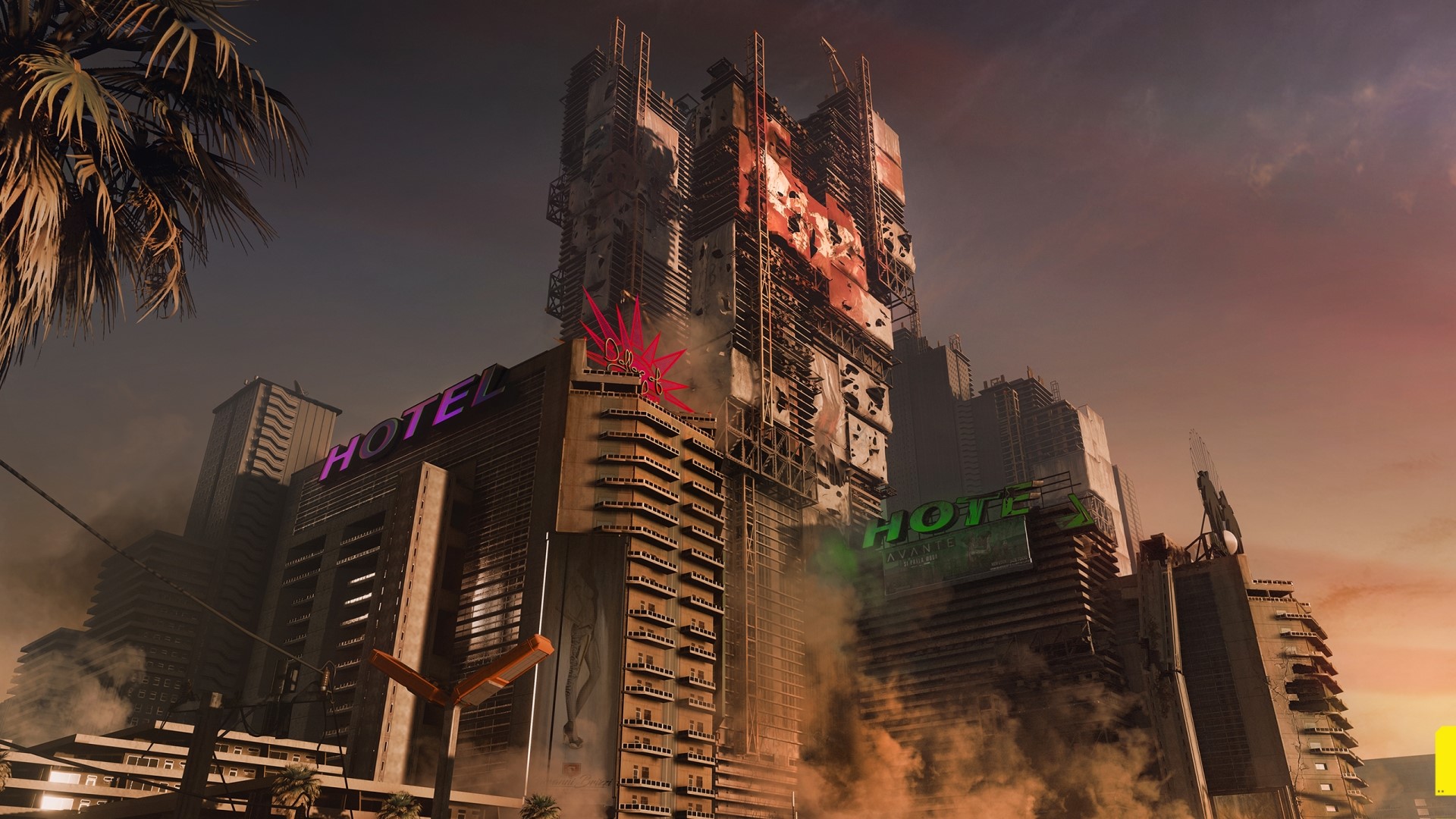 Cyberpunk 2077 hotel buildings at sunset HD Wallpaper