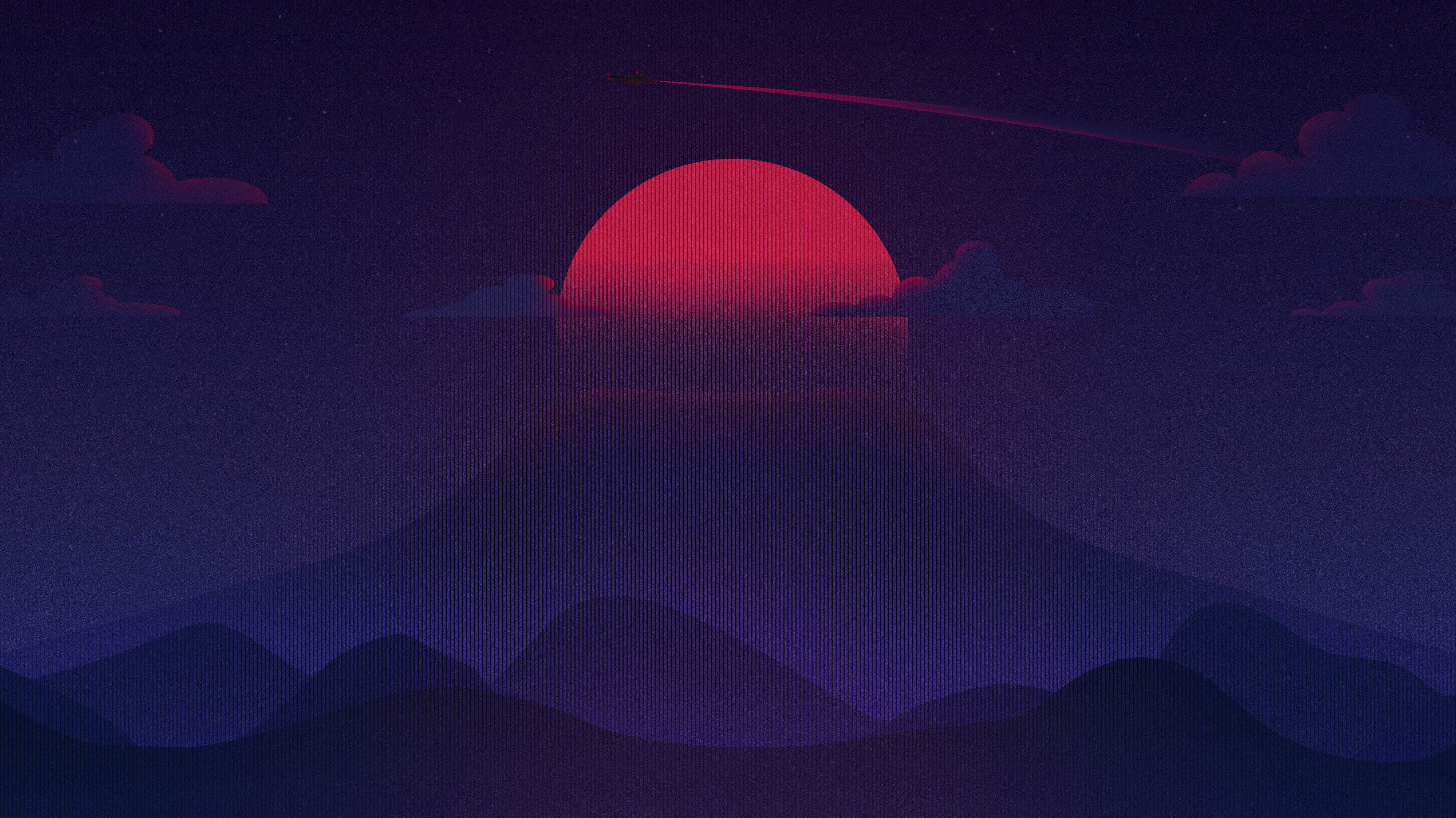 4K Sunset over Mountains with Airplane HD Wallpaper